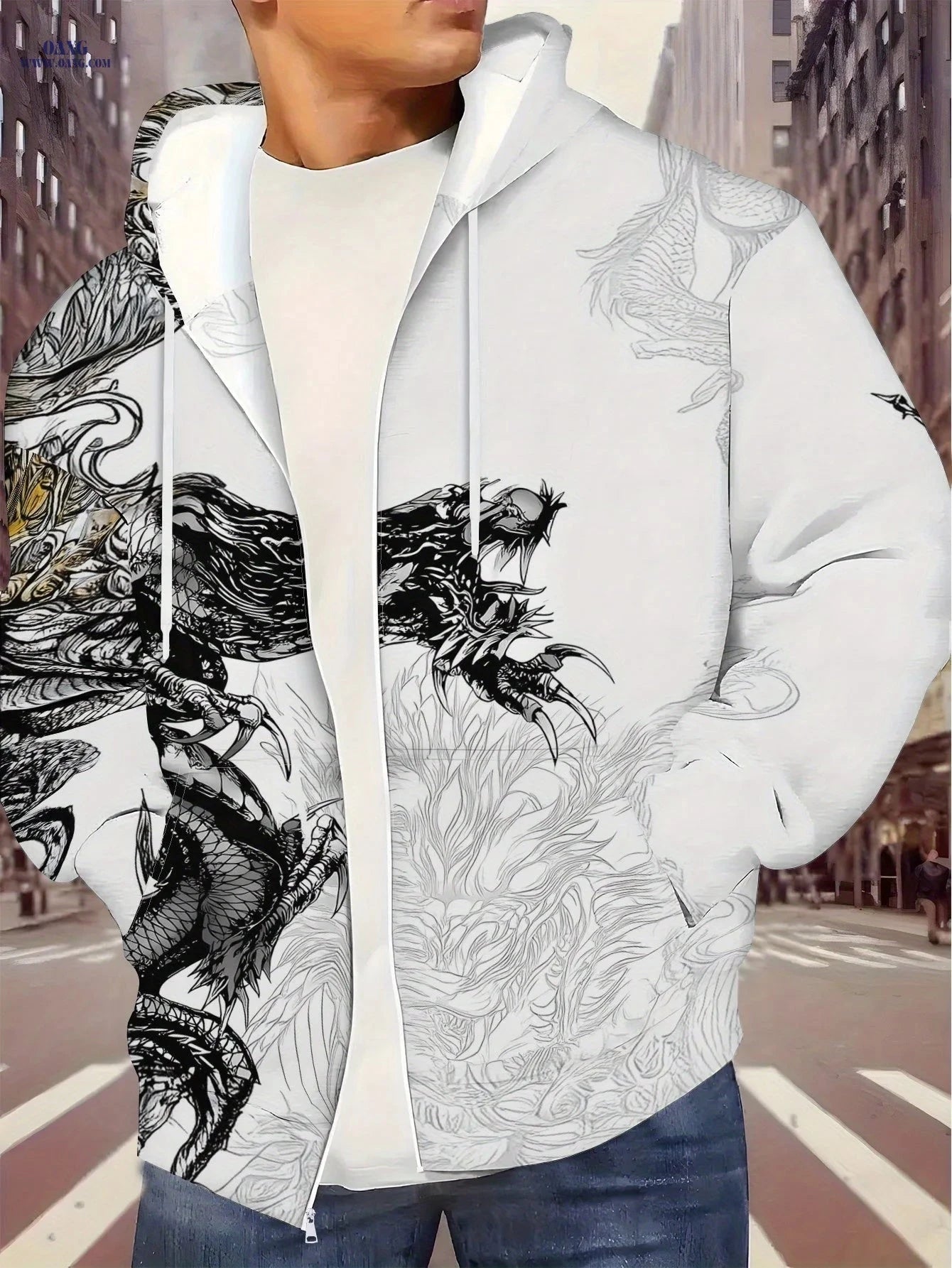 Men's Zip-Up Hoodie - Dragon Claws Print, Casual Loose Fit for Winter   OAXG Multicolor / FR S