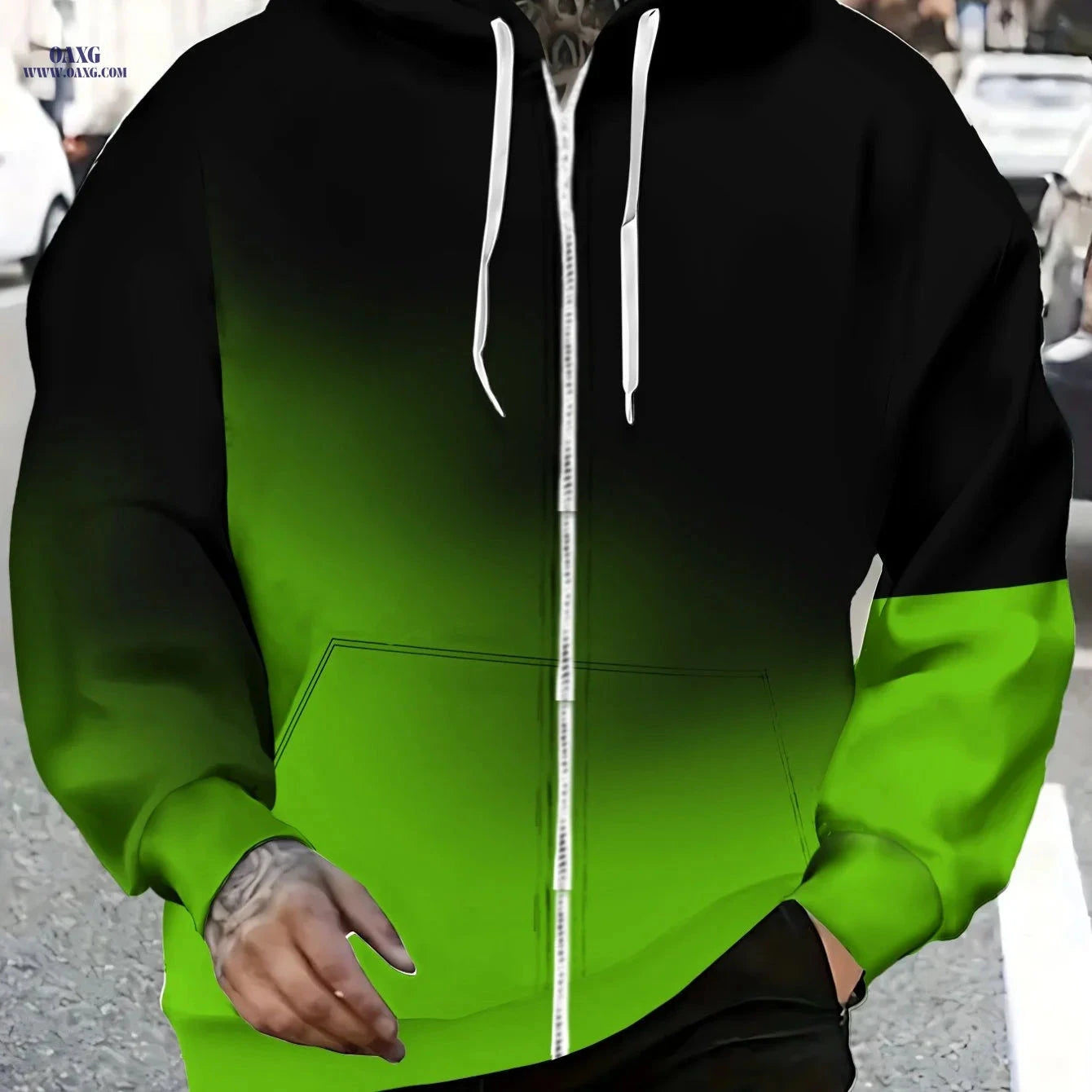 Men’s Zip-Up Hoodie - Gradient Green & Black for Outdoor Activities   OAXG Multicolor / FR M