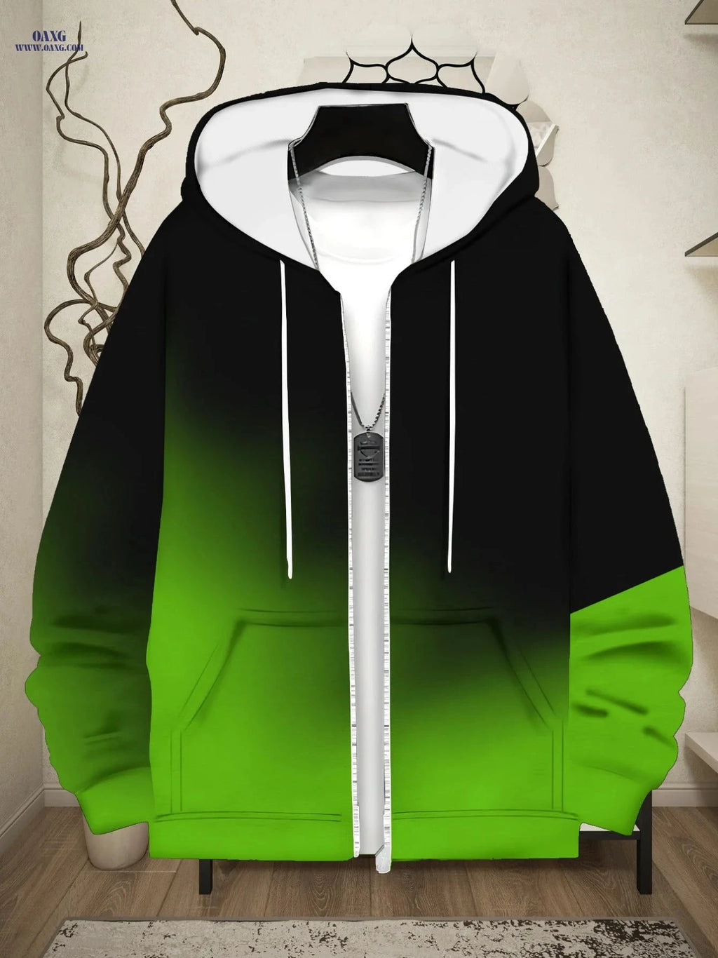Men’s Zip-Up Hoodie - Gradient Green & Black for Outdoor Activities   OAXG Multicolor / FR M