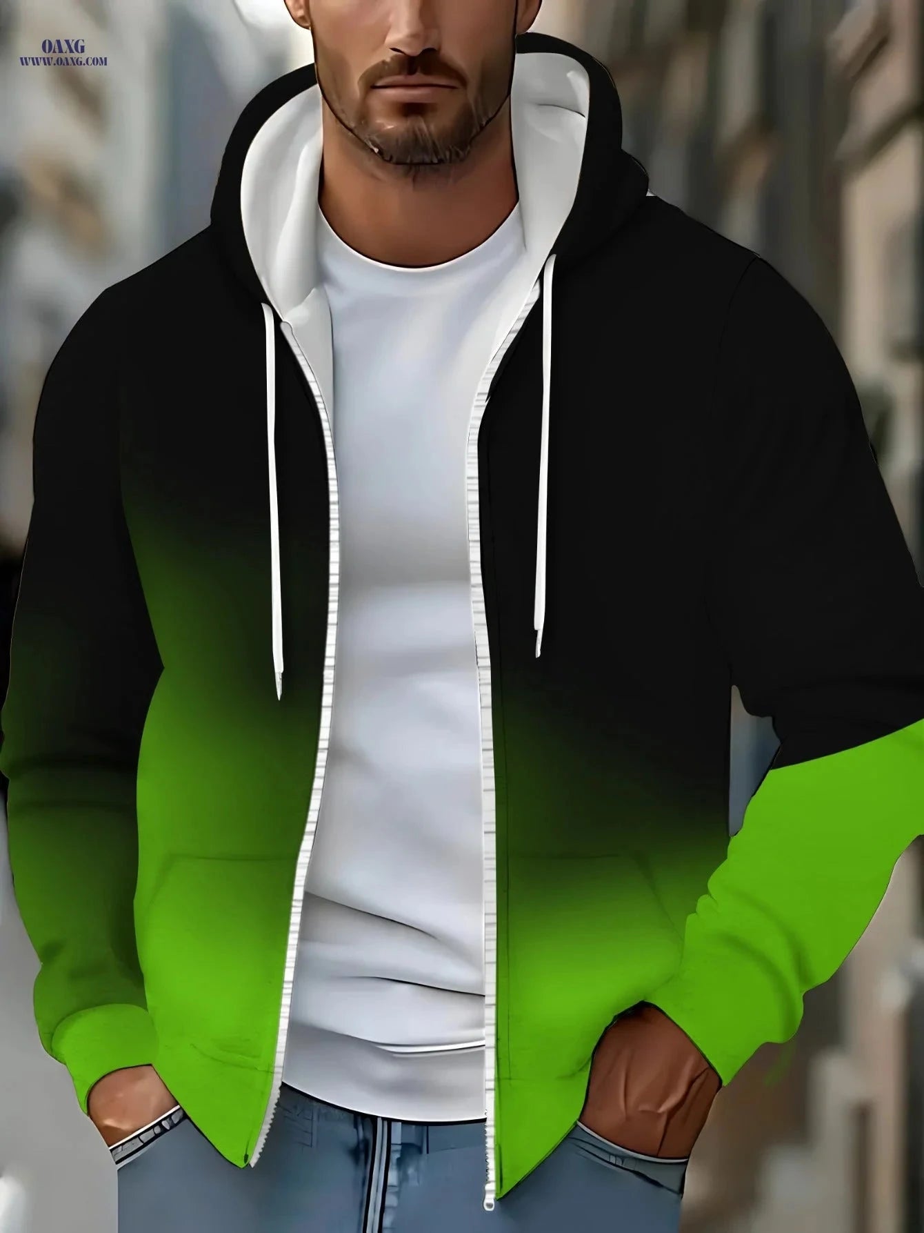 Men’s Zip-Up Hoodie - Gradient Green & Black for Outdoor Activities   OAXG Multicolor / FR M