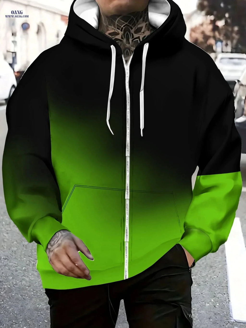 Men’s Zip-Up Hoodie - Gradient Green & Black for Outdoor Activities   OAXG Multicolor / FR M