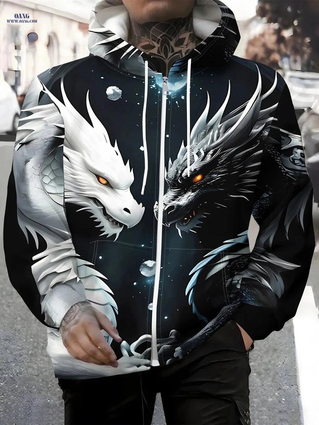 Men's Zip-Up Hoodie - Unique Dragon Design for Autumn/Winter Wear   OAXG 