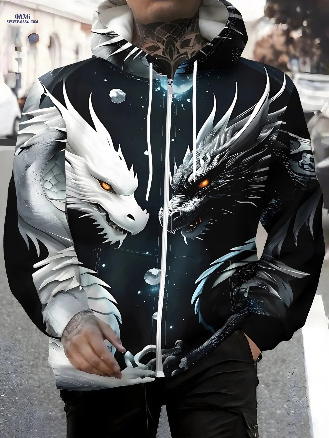 Men's Zip-Up Hoodie - Unique Dragon Design for Autumn/Winter Wear   OAXG 