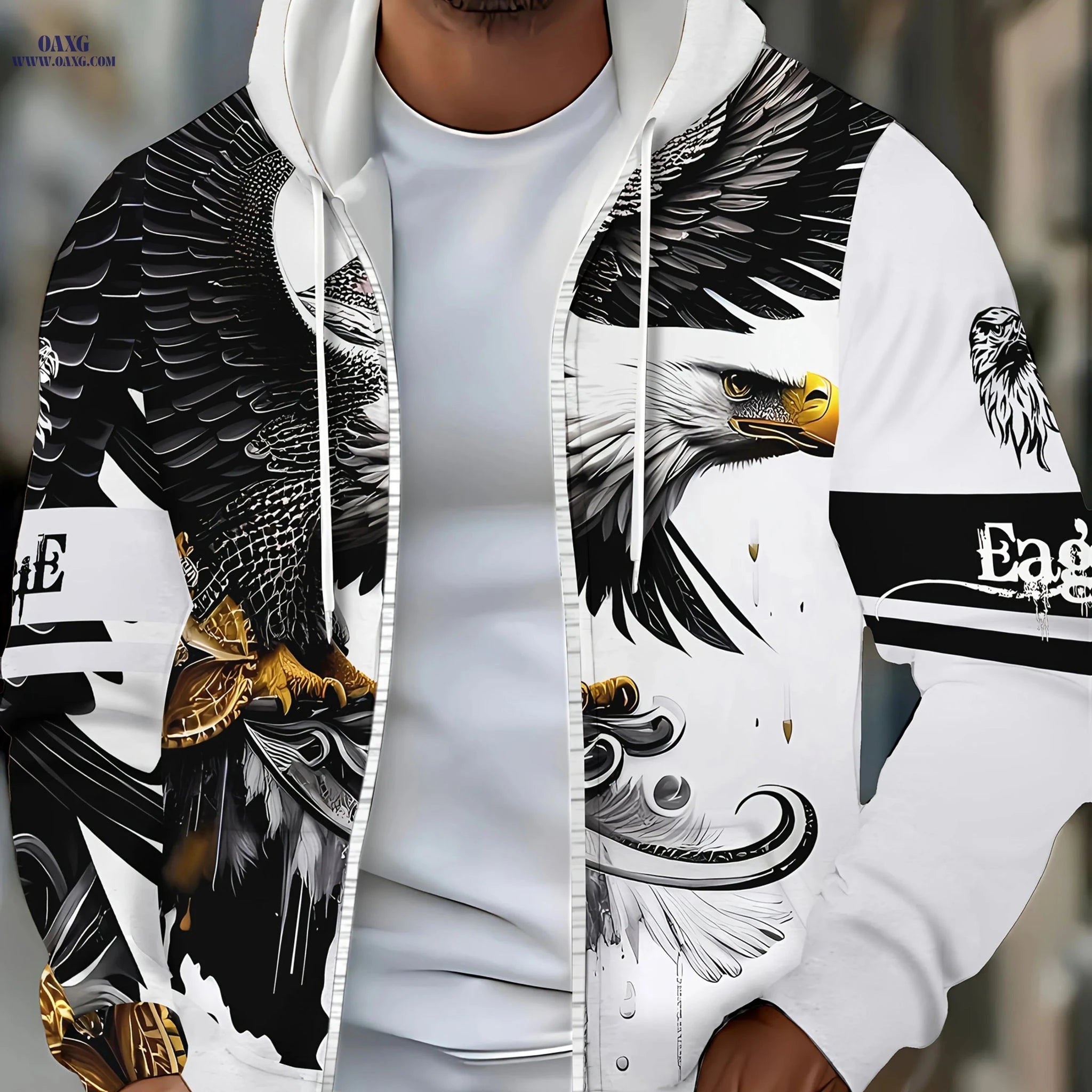 Men’s Zip-Up Hoodie with Eagle Design - Casual Outdoor Apparel   OAXG 
