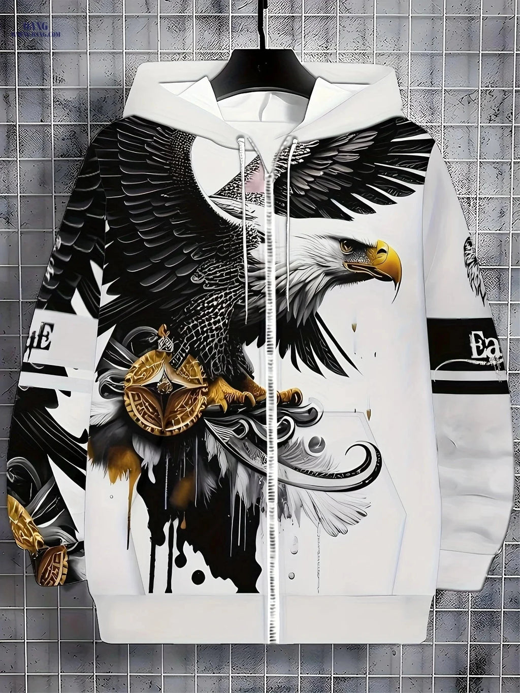 Men’s Zip-Up Hoodie with Eagle Design - Casual Outdoor Apparel   OAXG 