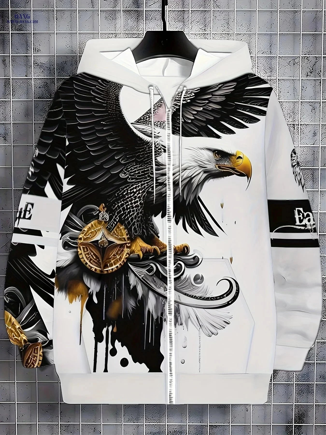 Men’s Zip-Up Hoodie with Eagle Design - Casual Outdoor Apparel   OAXG 