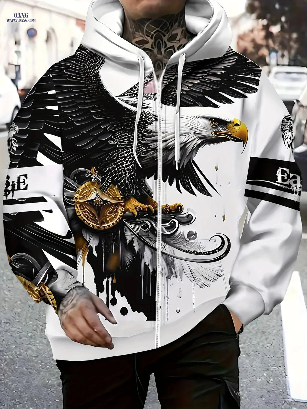 Men’s Zip-Up Hoodie with Eagle Design - Casual Outdoor Apparel   OAXG 
