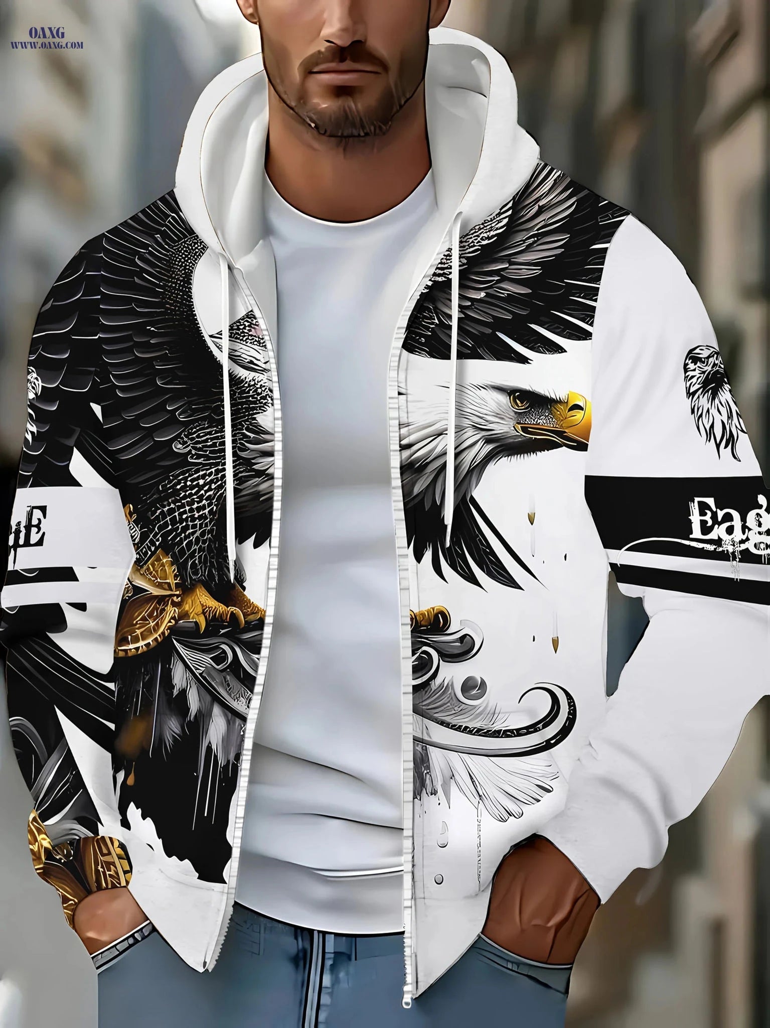Men’s Zip-Up Hoodie with Eagle Design - Casual Outdoor Apparel   OAXG White / FR M