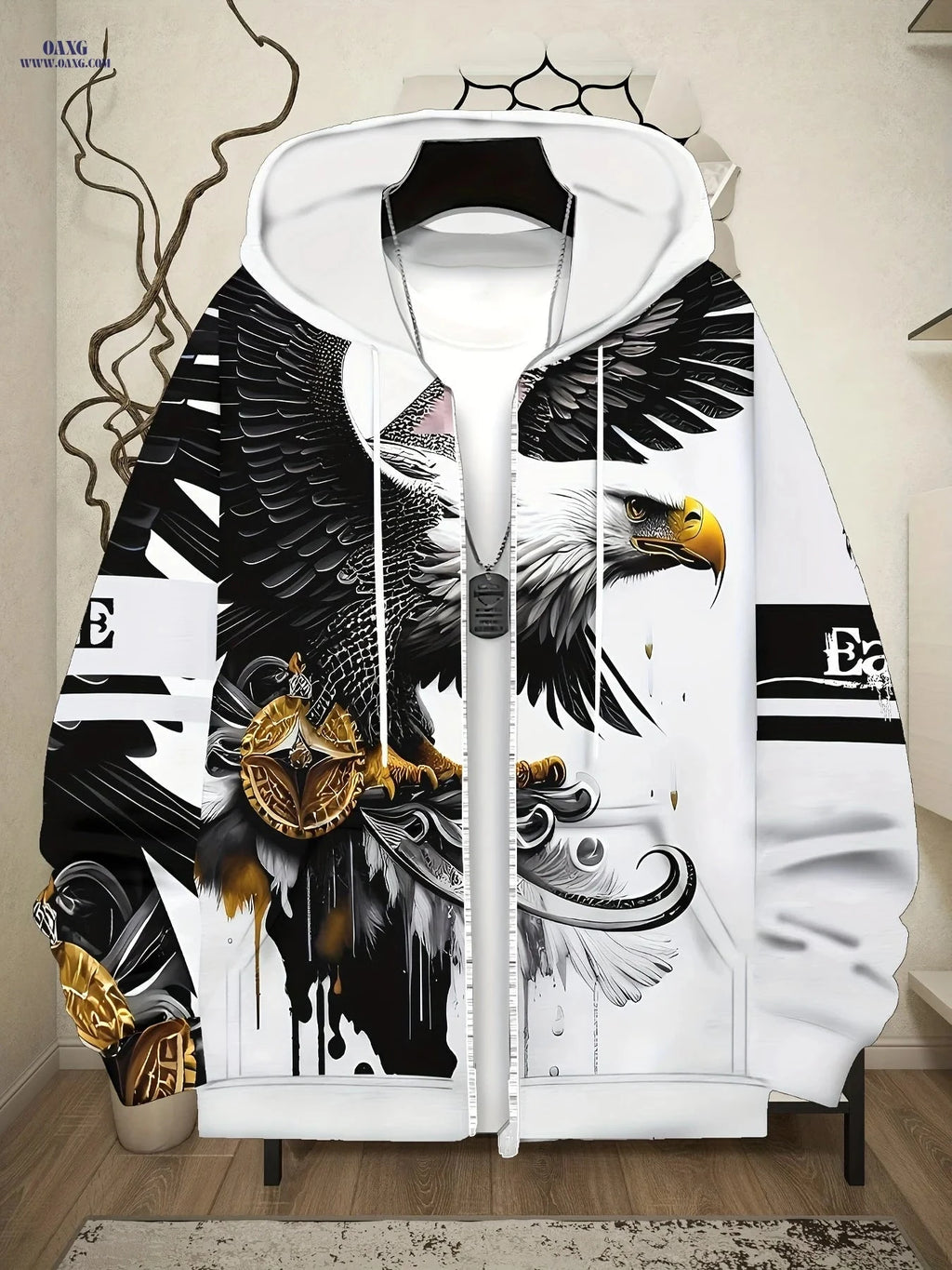 Men’s Zip-Up Hoodie with Eagle Design - Casual Outdoor Apparel   OAXG White / FR M