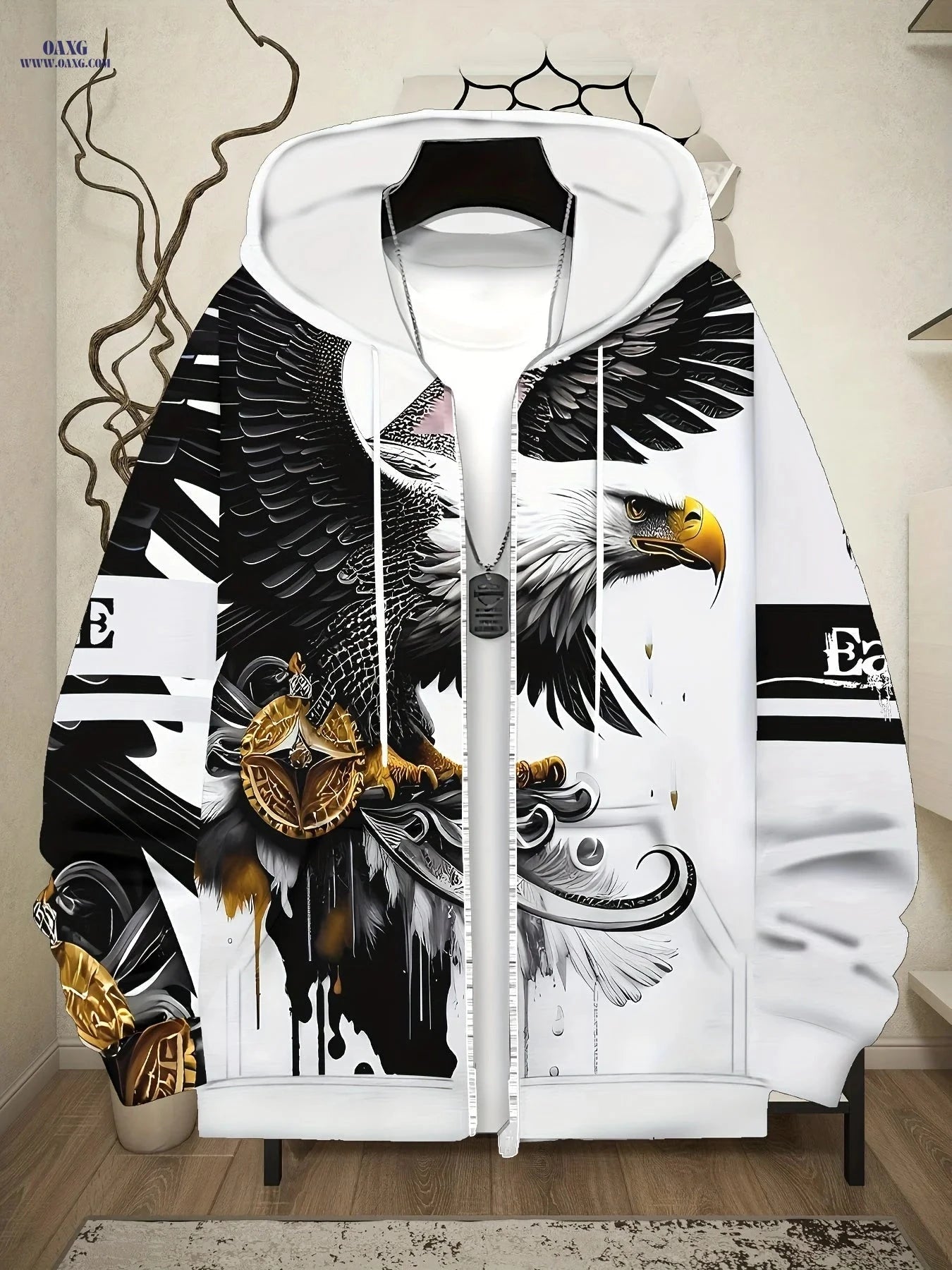 Men’s Zip-Up Hoodie with Eagle Design - Casual Outdoor Apparel   OAXG White / FR M