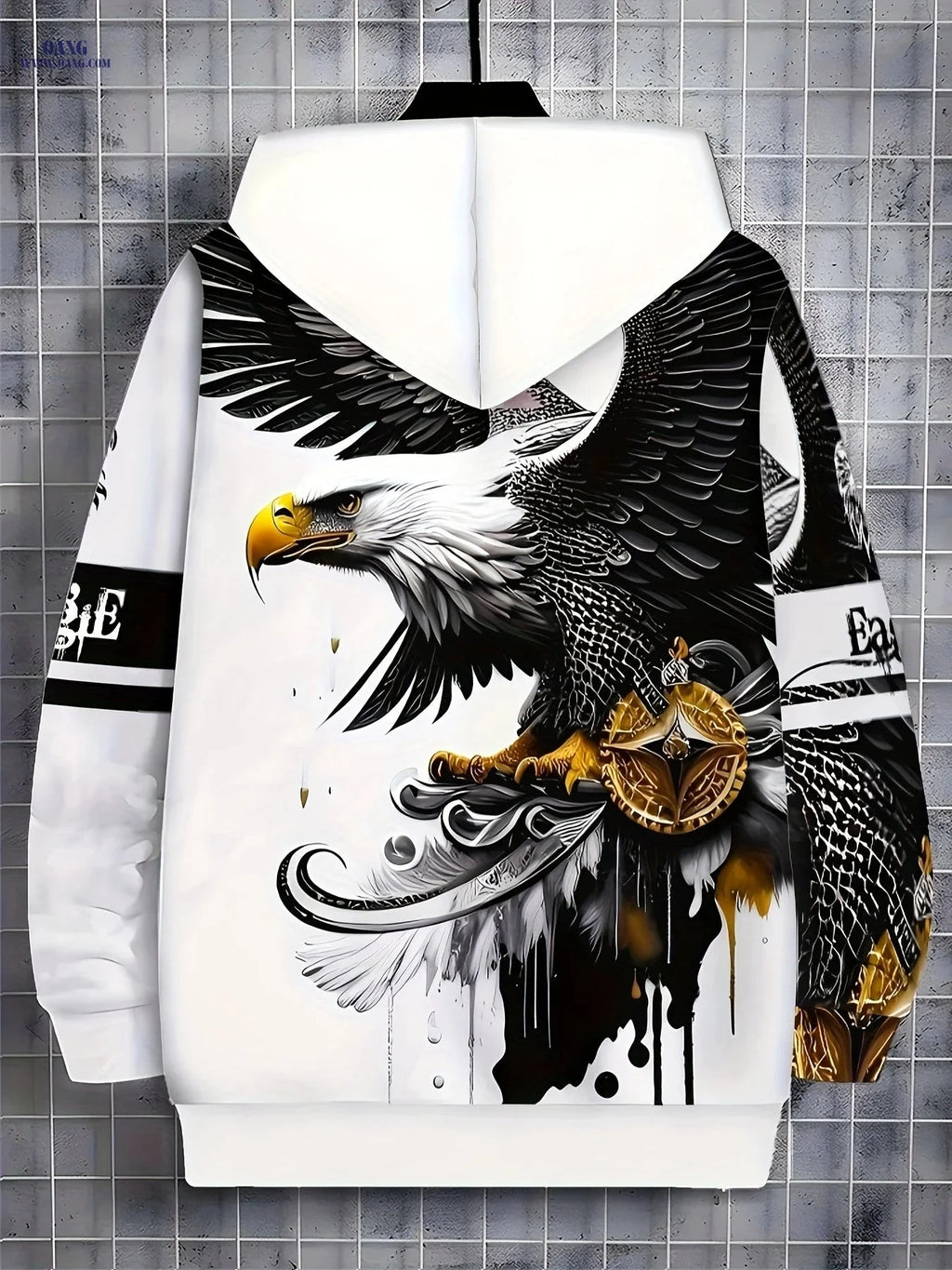 Men’s Zip-Up Hoodie with Eagle Design - Casual Outdoor Apparel   OAXG White / FR M