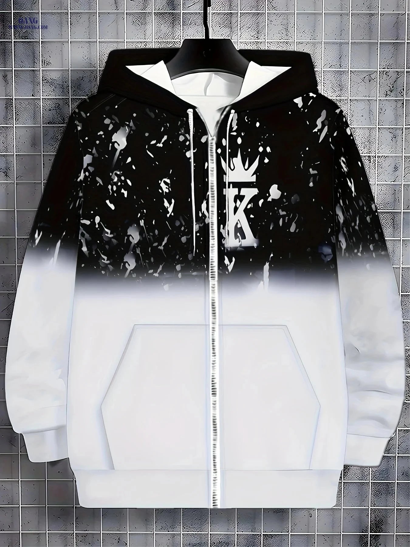 Men’s Zip-Up Hoodie with Letter Design - Casual Fall Outdoor Jacket   OAXG Black / FR M