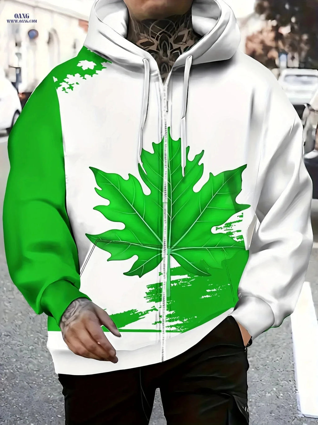 Men's Zip-Up Hoodie with Maple Leaf Design - Casual Autumn Jacket   OAXG 