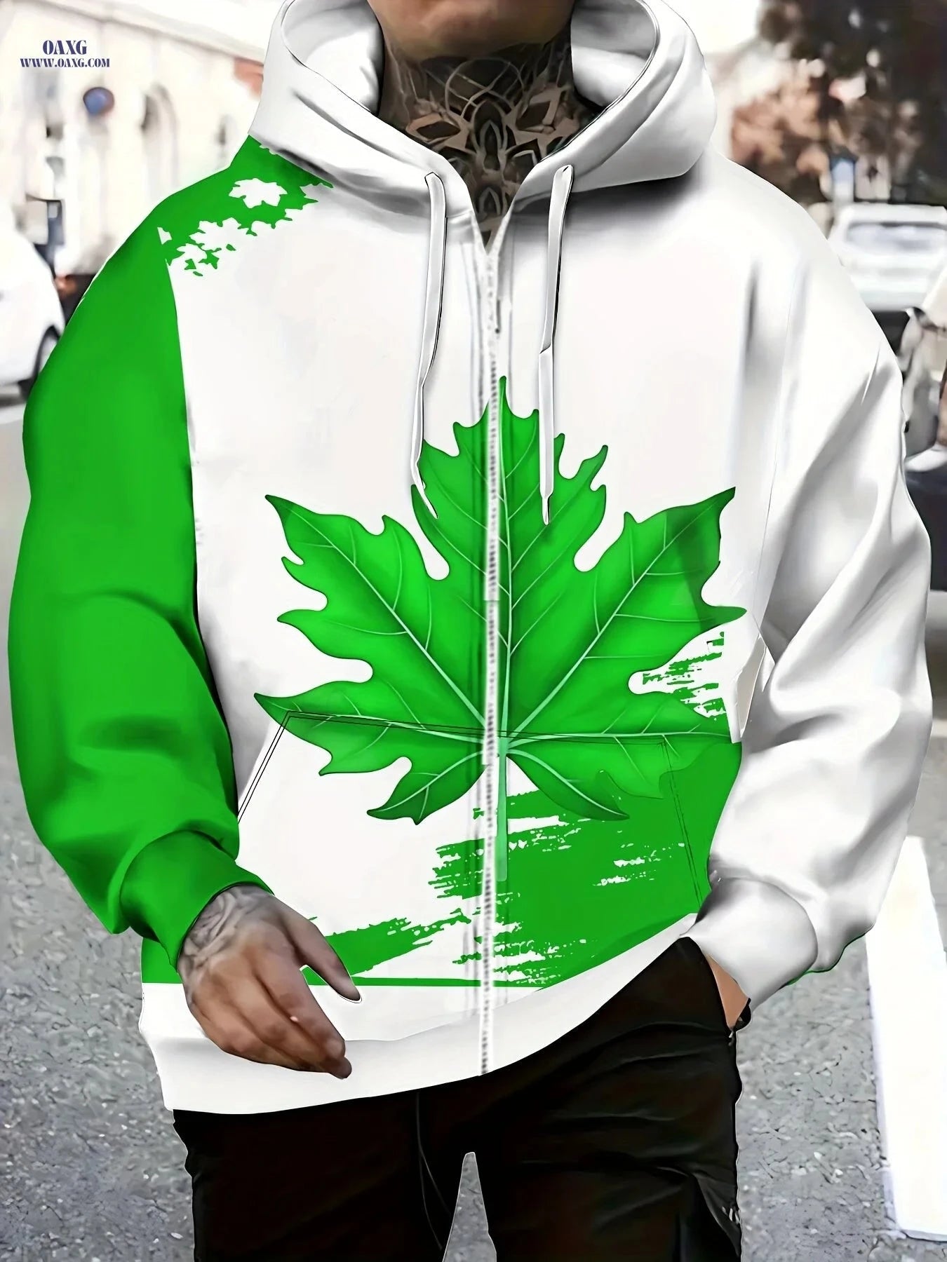 Men's Zip-Up Hoodie with Maple Leaf Design - Casual Autumn Jacket   OAXG 