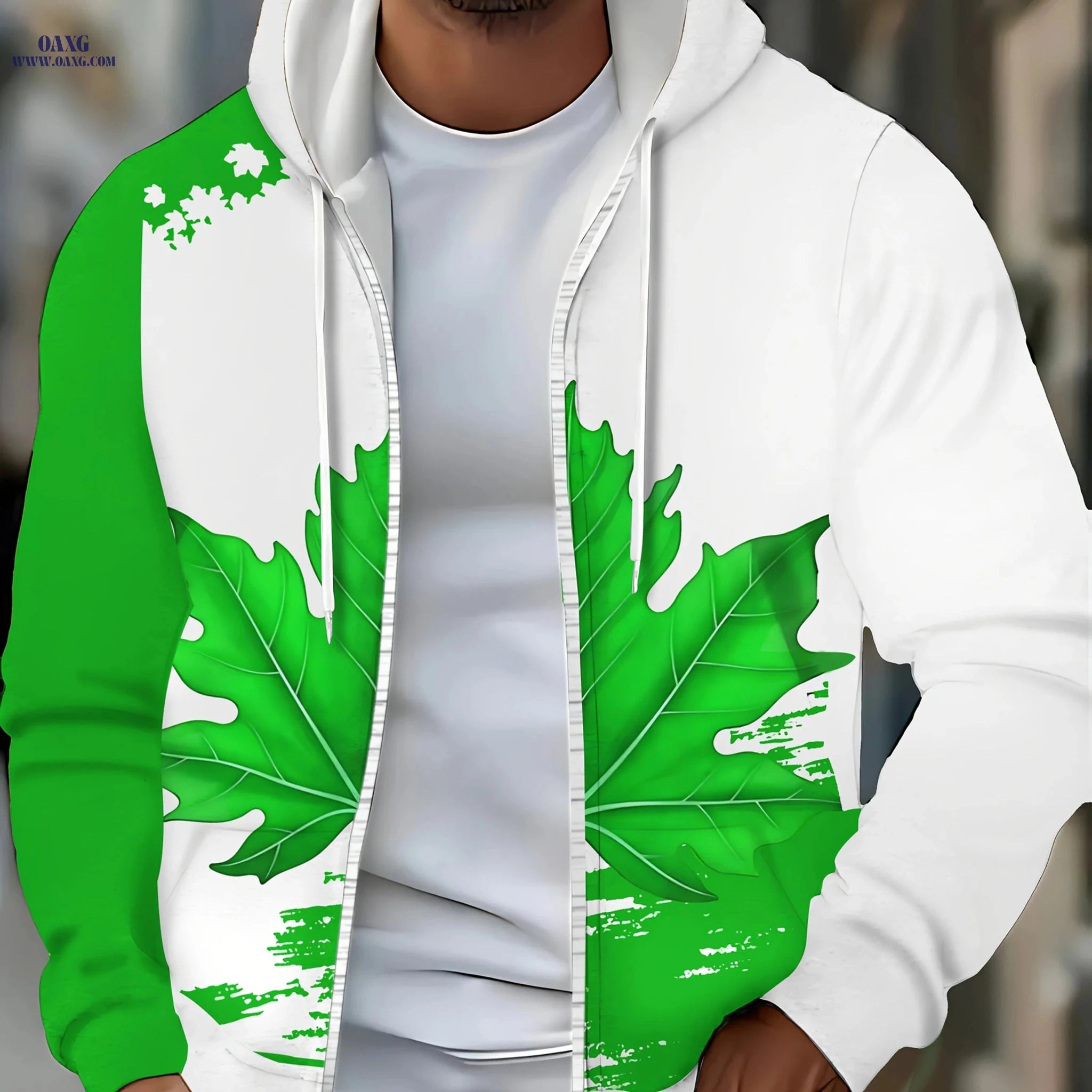 Men's Zip-Up Hoodie with Maple Leaf Design - Casual Autumn Jacket   OAXG 