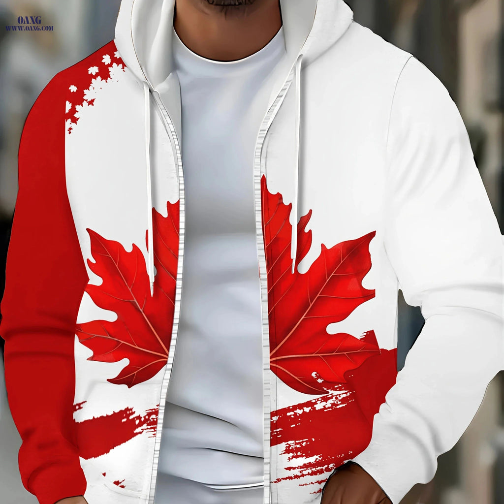 Men's Zip-Up Hoodie with Maple Leaf Design - Casual Autumn Jacket   OAXG 