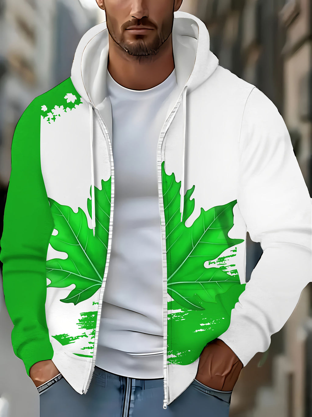 Men's Zip-Up Hoodie with Maple Leaf Design - Casual Autumn Jacket   OAXG 