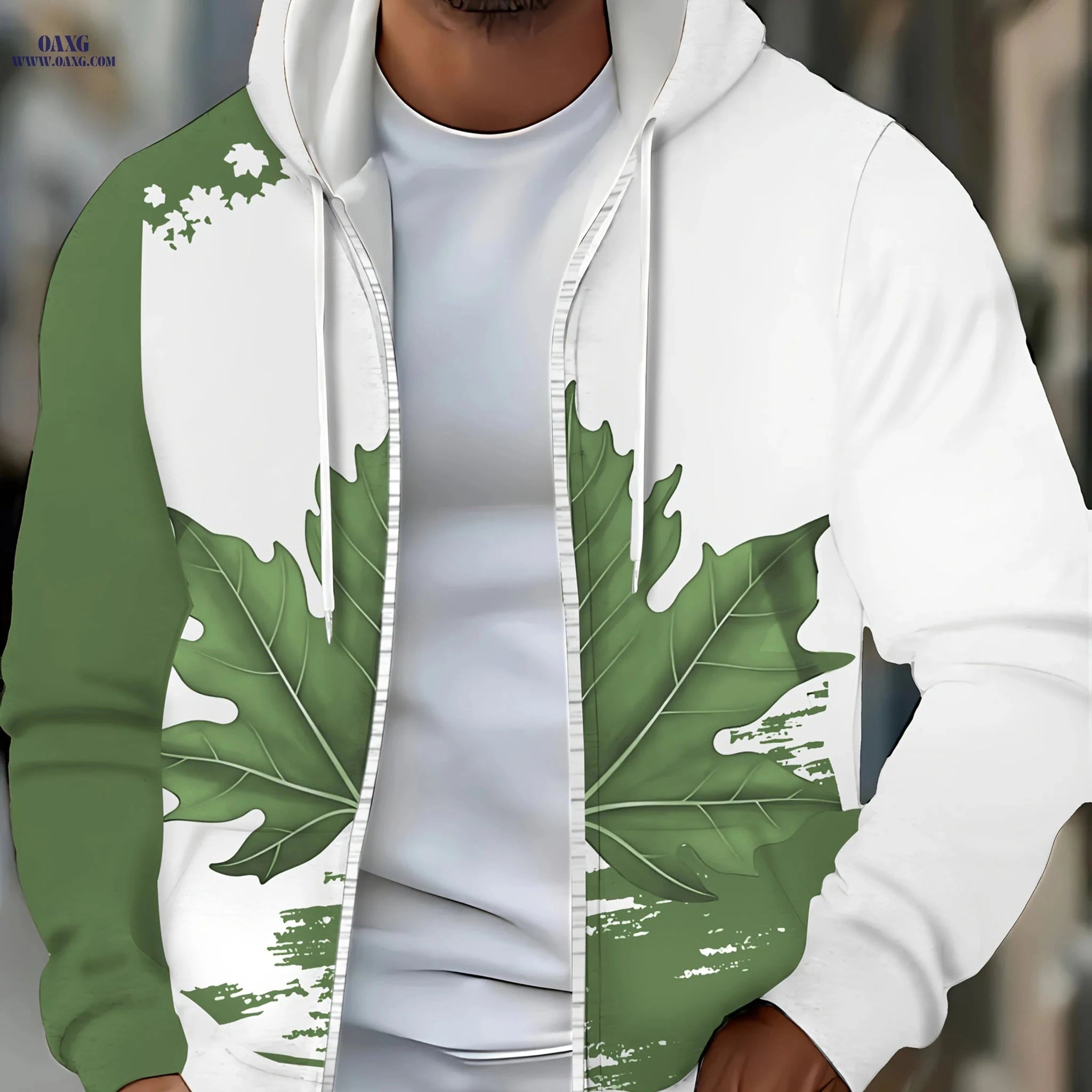 Men's Zip-Up Hoodie with Maple Leaf Design - Casual Autumn Jacket   OAXG 