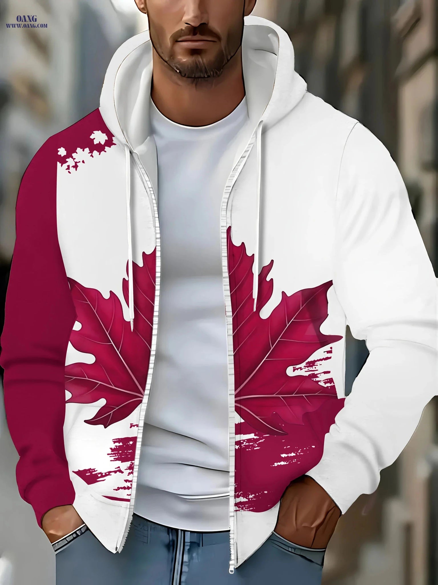 Men's Zip-Up Hoodie with Maple Leaf Design - Casual Autumn Jacket   OAXG Red / FR M