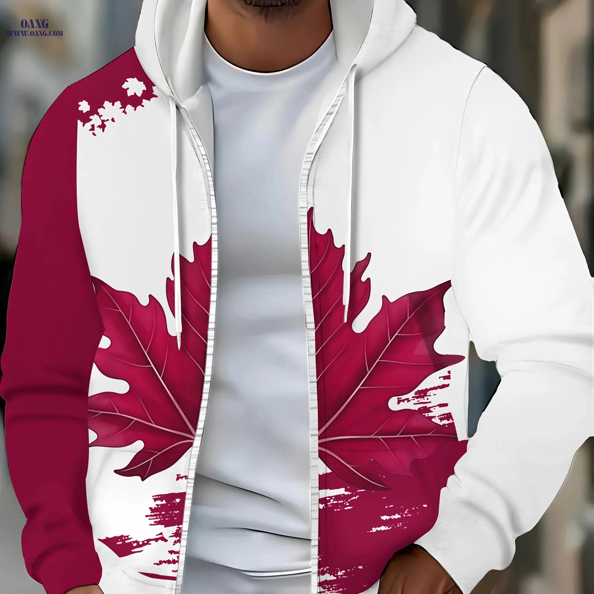 Men's Zip-Up Hoodie with Maple Leaf Design - Casual Autumn Jacket   OAXG Red / FR M