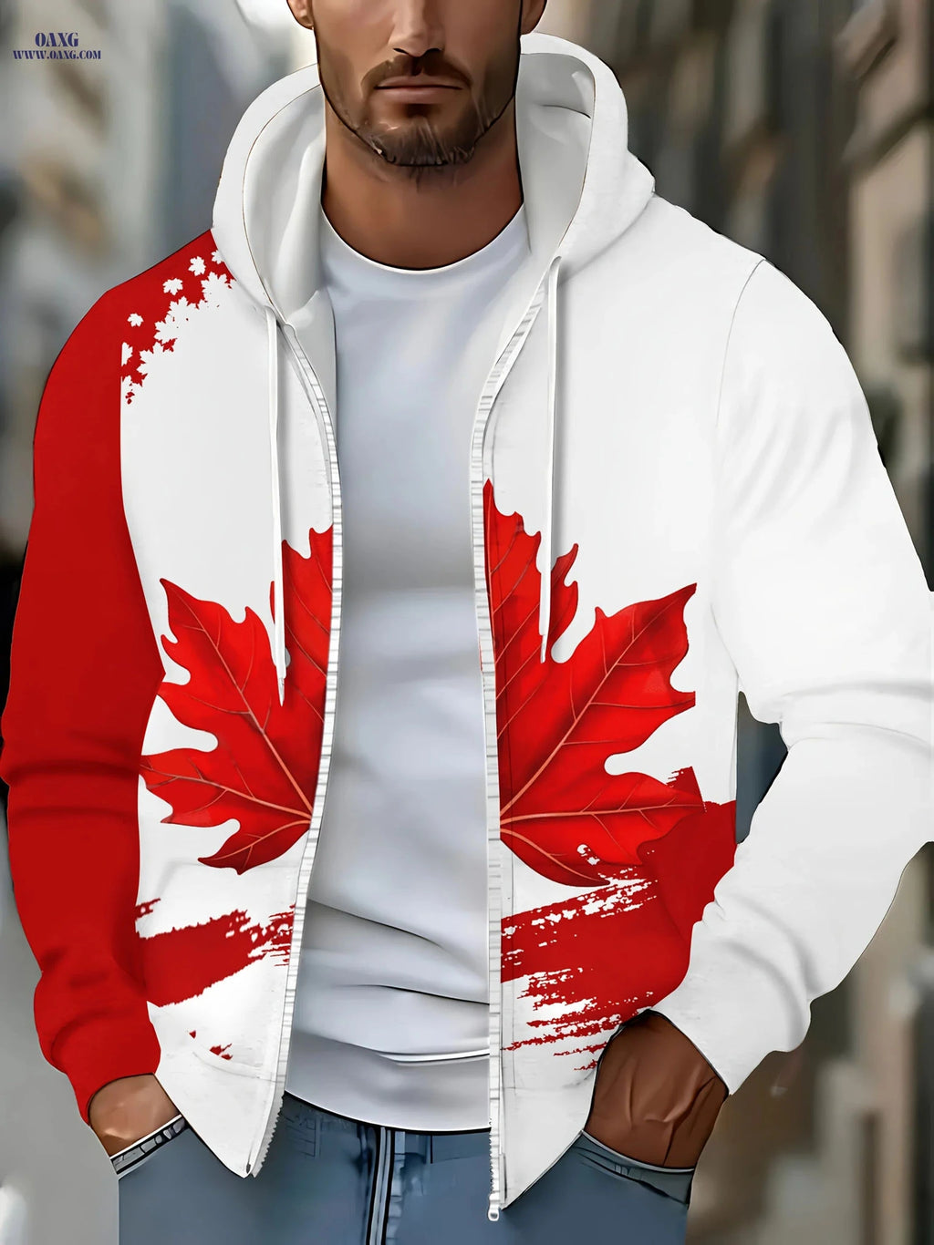 Men's Zip-Up Hoodie with Maple Leaf Design - Casual Autumn Jacket   OAXG Red / FR M