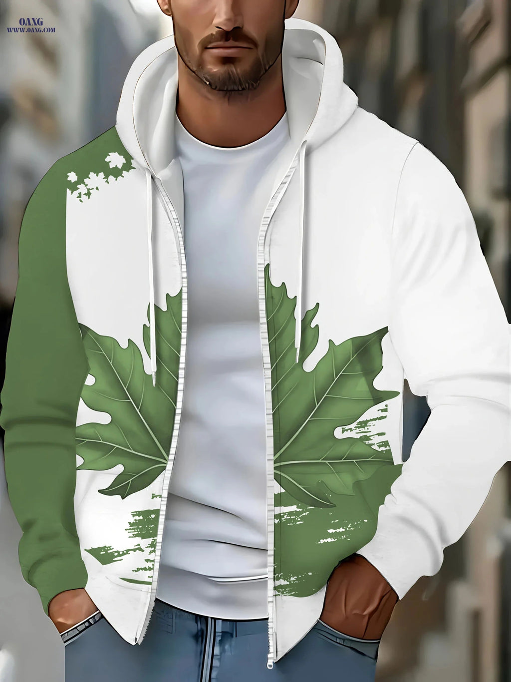 Men's Zip-Up Hoodie with Maple Leaf Design - Casual Autumn Jacket   OAXG 