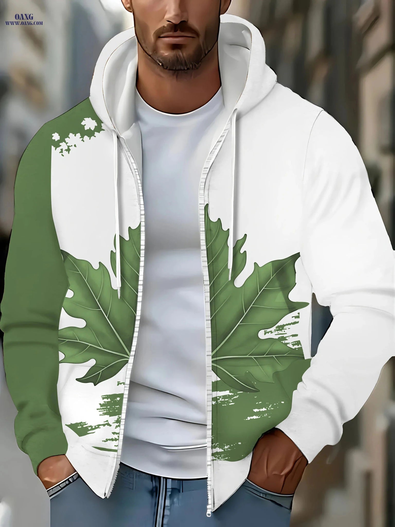 Men's Zip-Up Hoodie with Maple Leaf Design - Casual Autumn Jacket   OAXG 