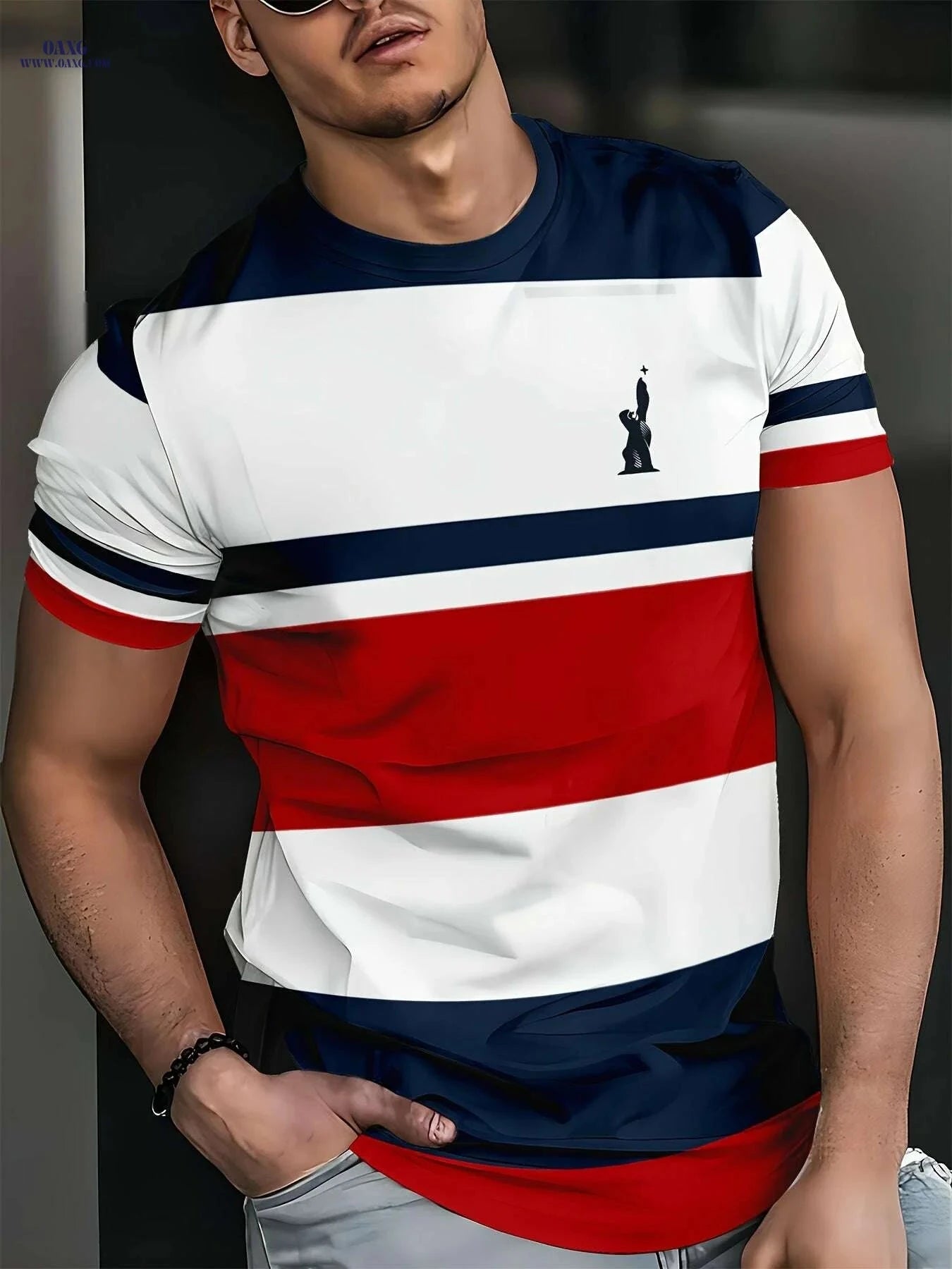 Mens Color Block Eagle Print T-Shirt - Summer Casual Crew Neck Tee   OAXG 