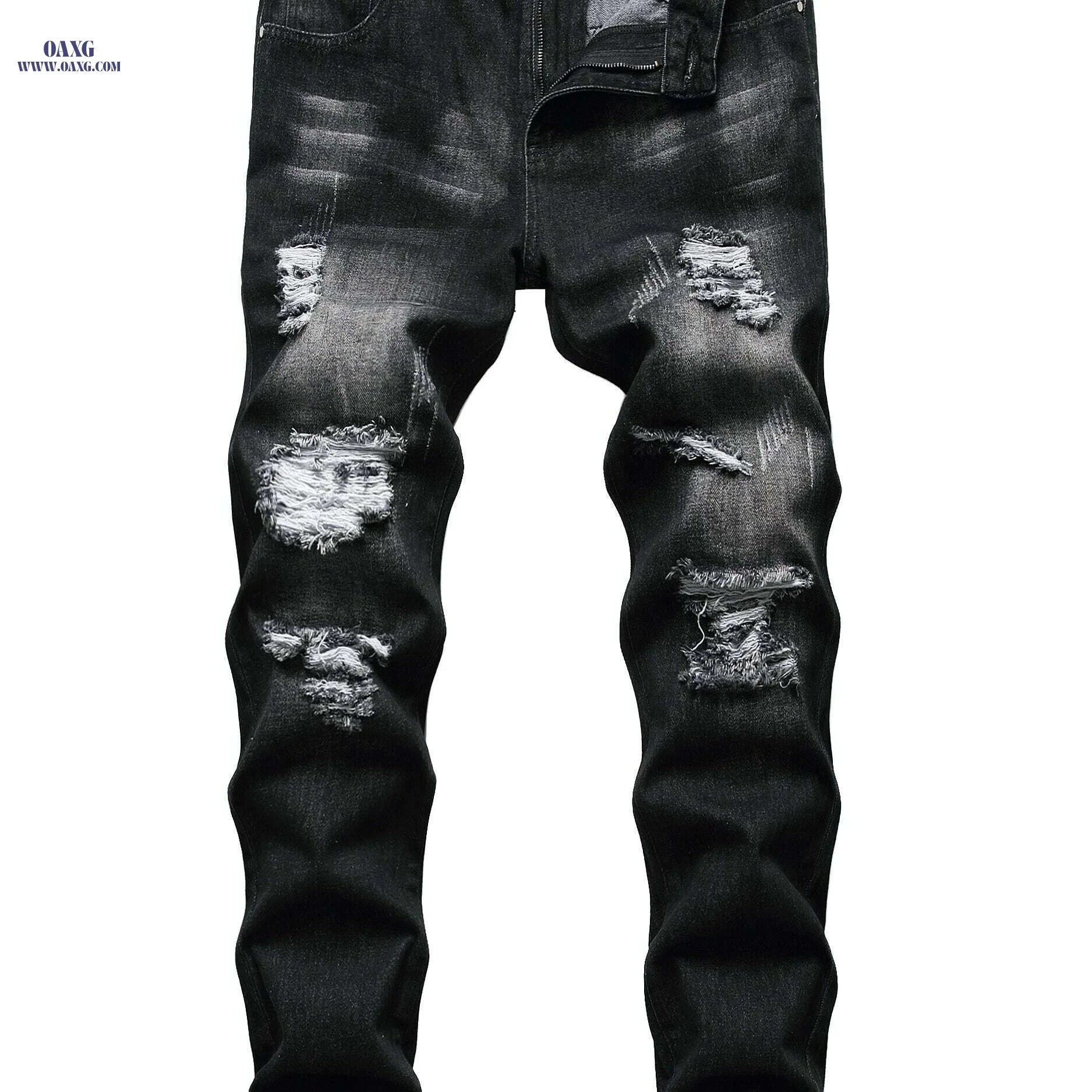 Mens Distressed Ripped Jeans - Slim Fit Straight Leg Denim   OAXG Black / 28