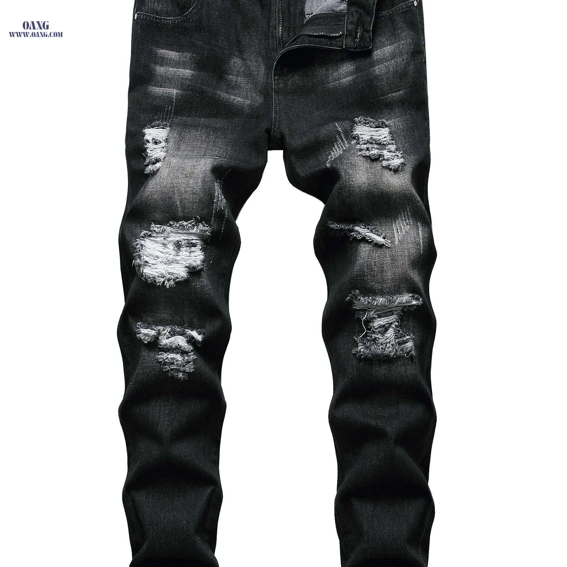 Mens Distressed Ripped Jeans - Slim Fit Straight Leg Denim   OAXG Black / 28