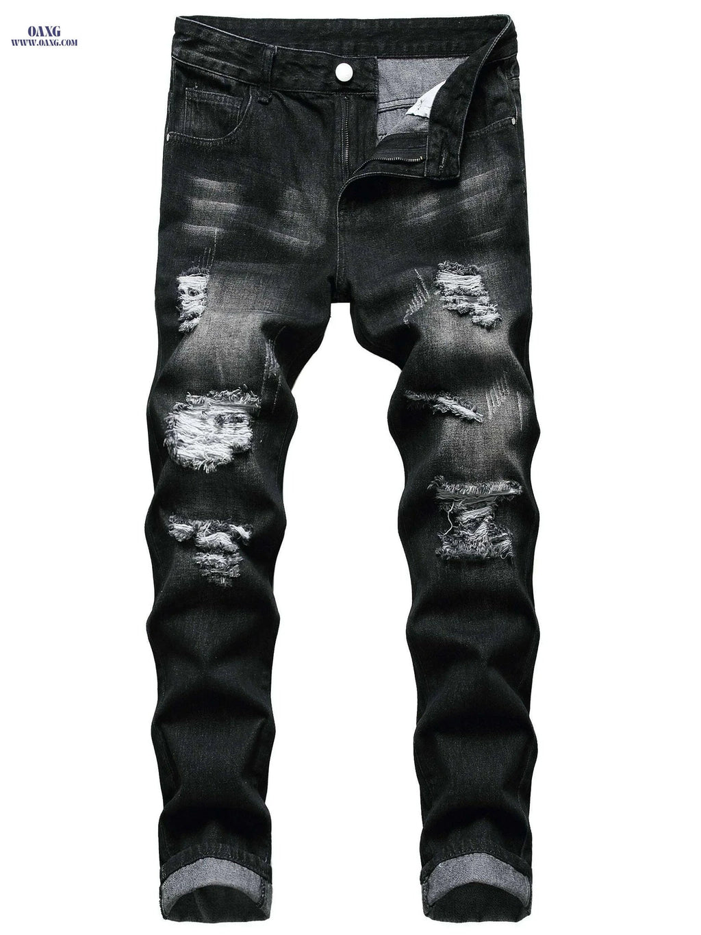 Mens Distressed Ripped Jeans - Slim Fit Straight Leg Denim   OAXG 