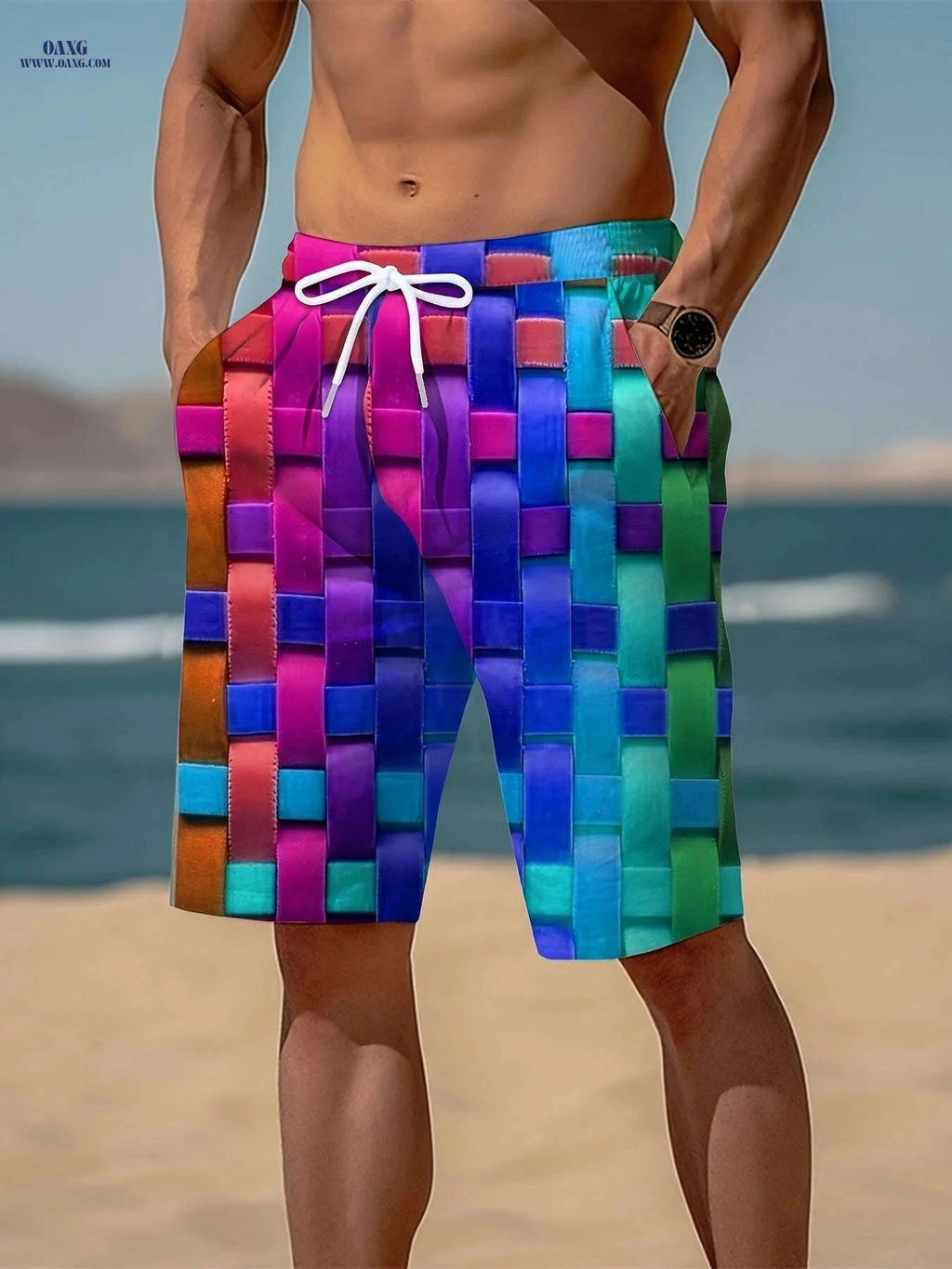 Mens Vibrant Plaid Drawstring Shorts - Breathable Summer Comfort   OAXG 