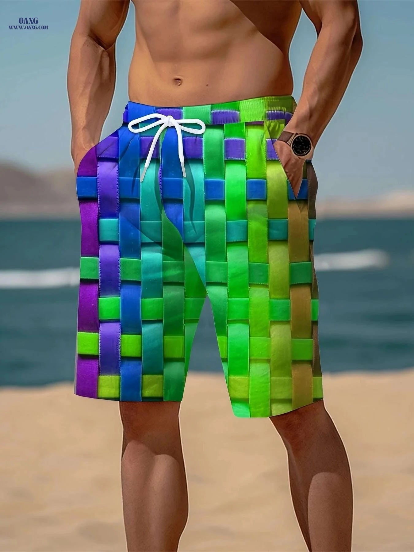 Mens Vibrant Plaid Drawstring Shorts - Breathable Summer Comfort   OAXG Green / S