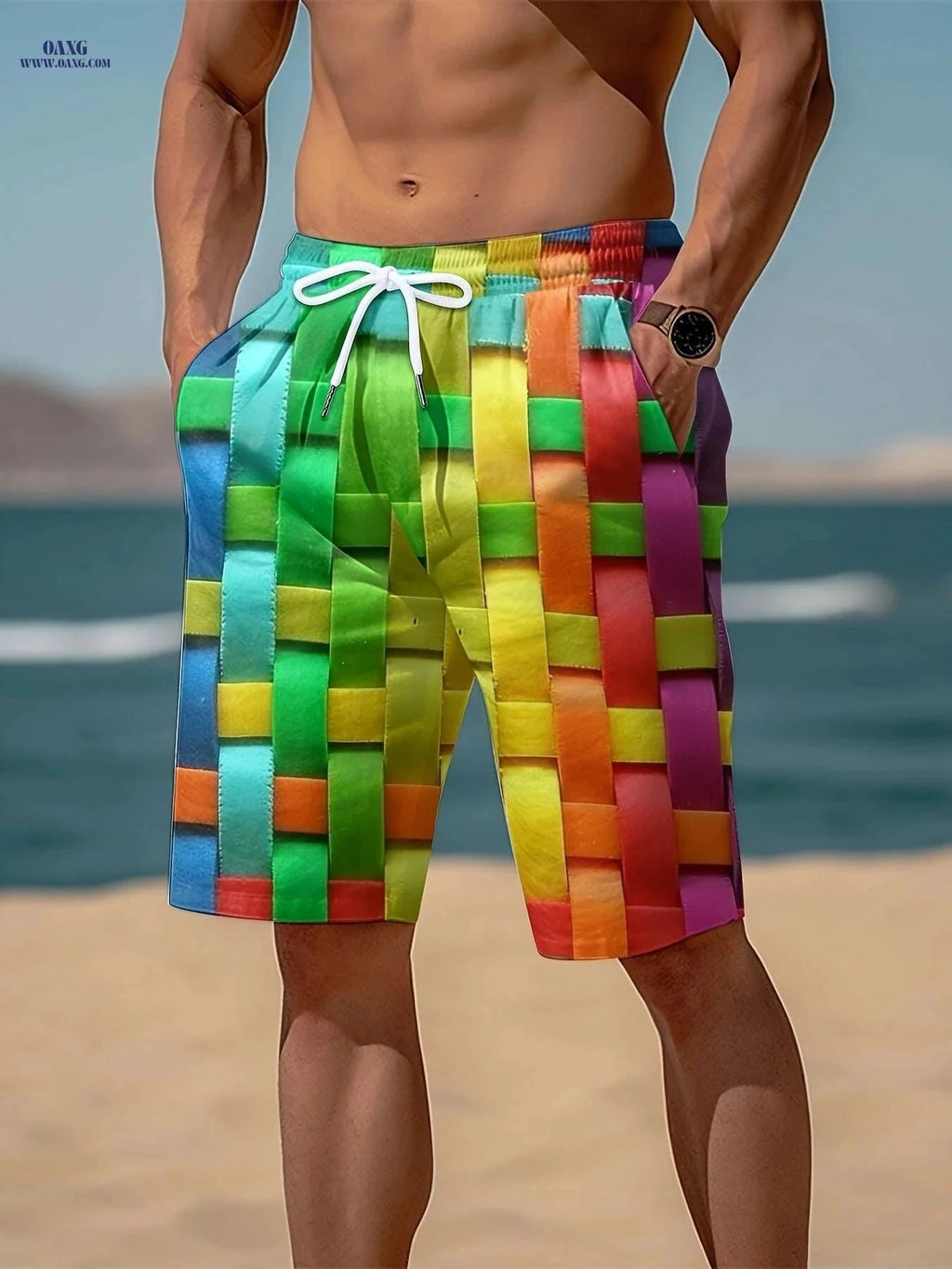 Mens Vibrant Plaid Drawstring Shorts - Breathable Summer Comfort   OAXG Green / S