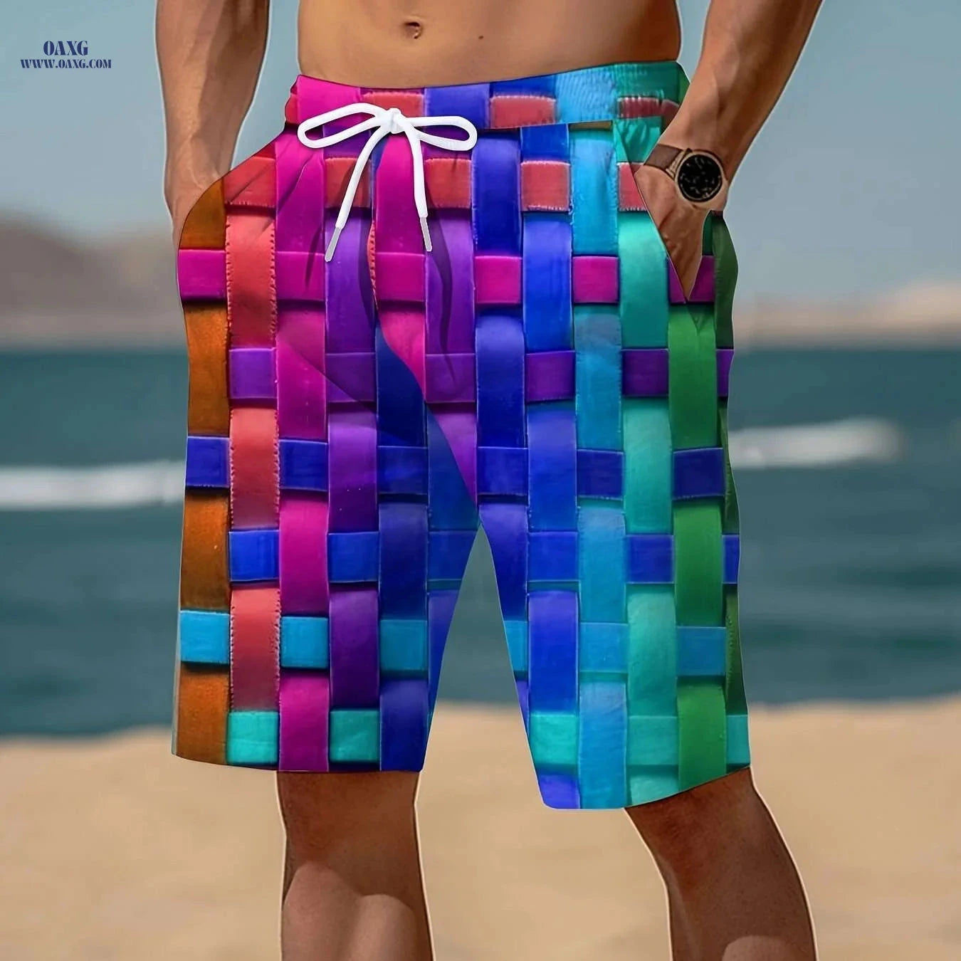 Mens Vibrant Plaid Drawstring Shorts - Breathable Summer Comfort   OAXG Green / S