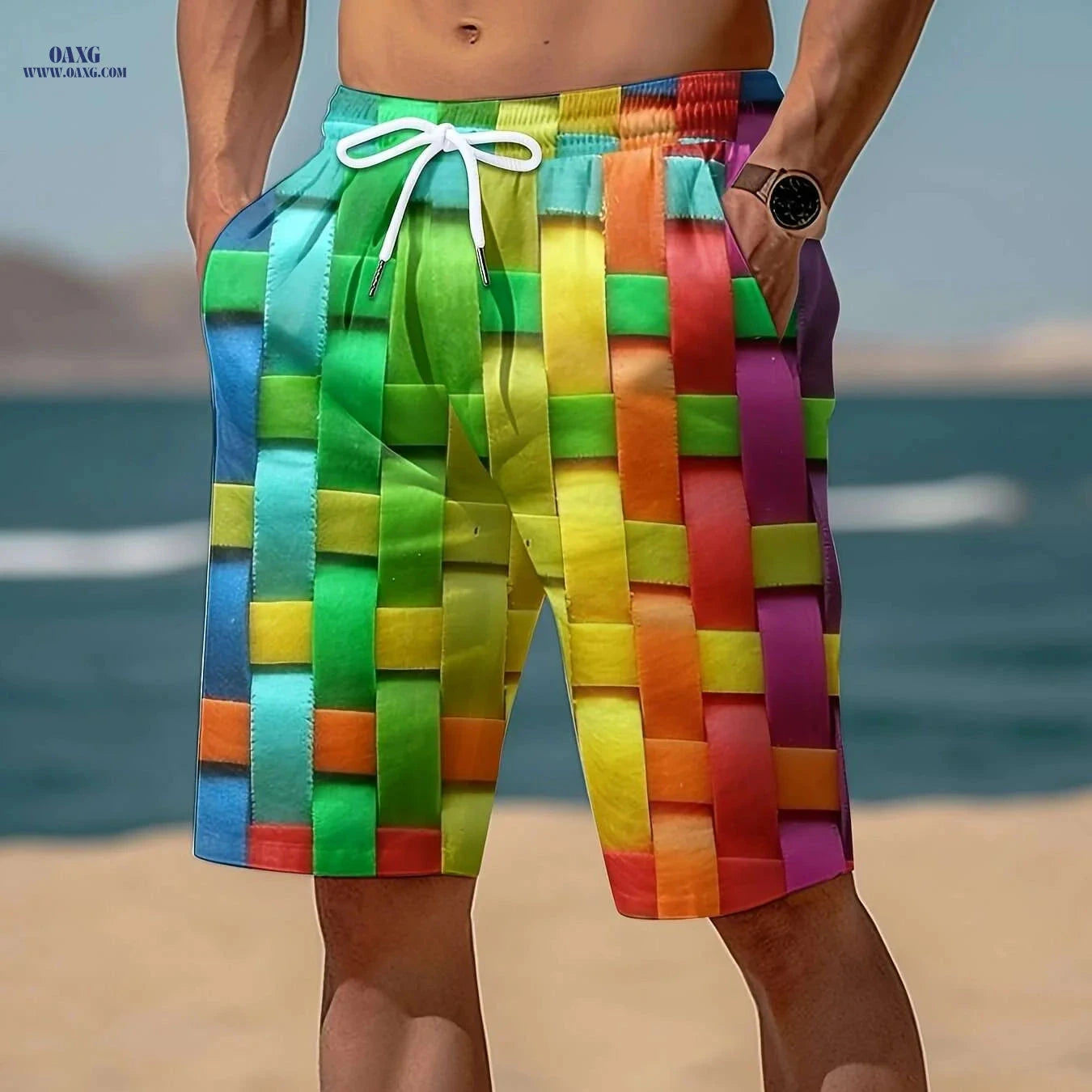 Mens Vibrant Plaid Drawstring Shorts - Breathable Summer Comfort   OAXG Green / S