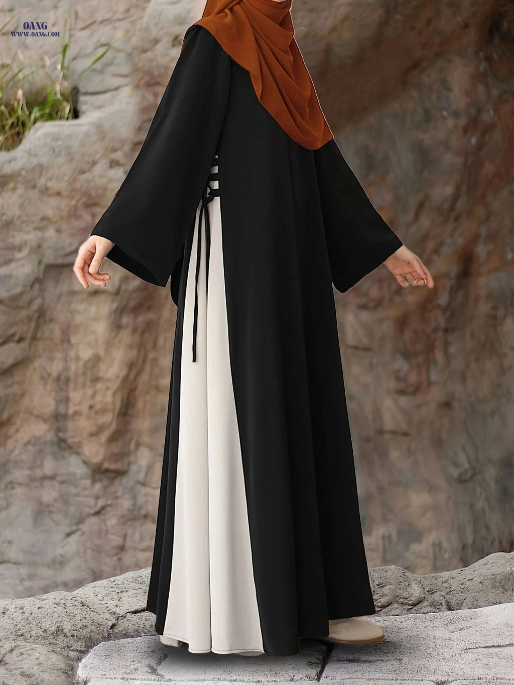 Middle Eastern Ramadan Abaya - Loose-Fitting Dress with Side Tie   OAXG 