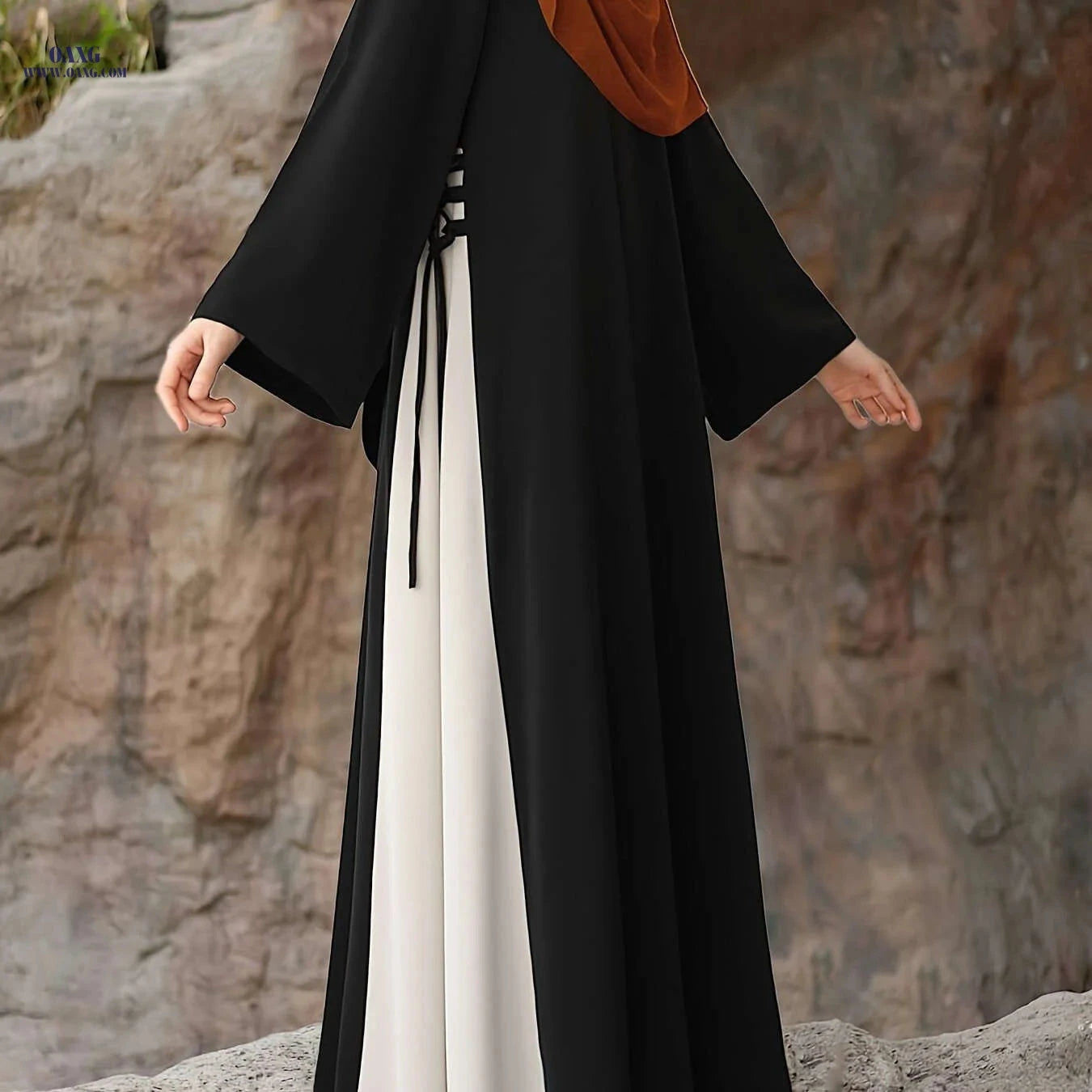 Middle Eastern Ramadan Abaya - Loose-Fitting Dress with Side Tie   OAXG 