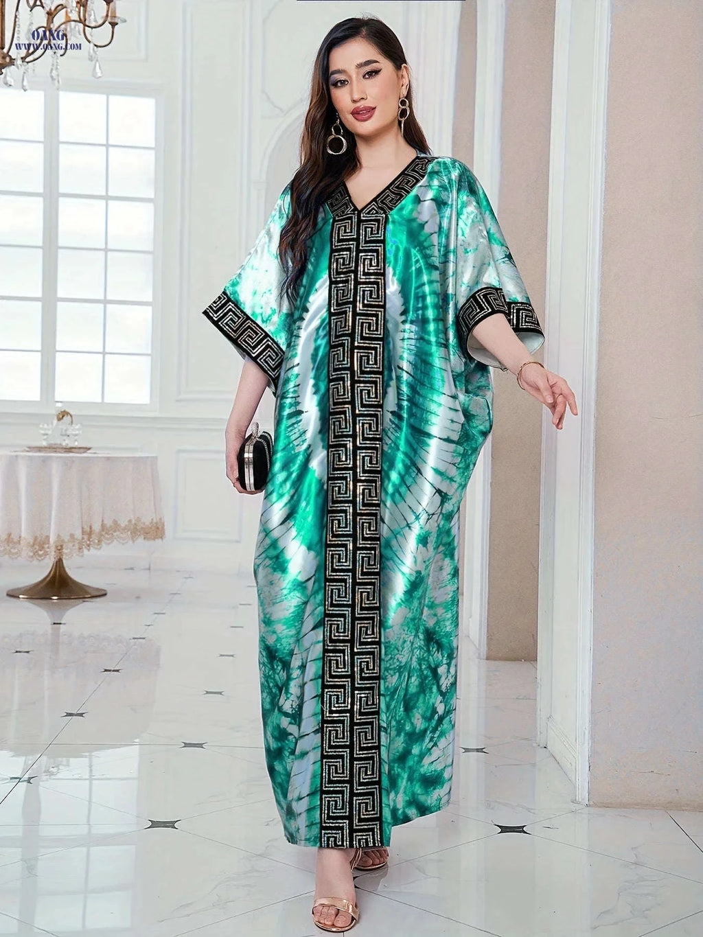 Middle Eastern Sequin Print Kaftan Robe with Batwing Sleeves   OAXG 