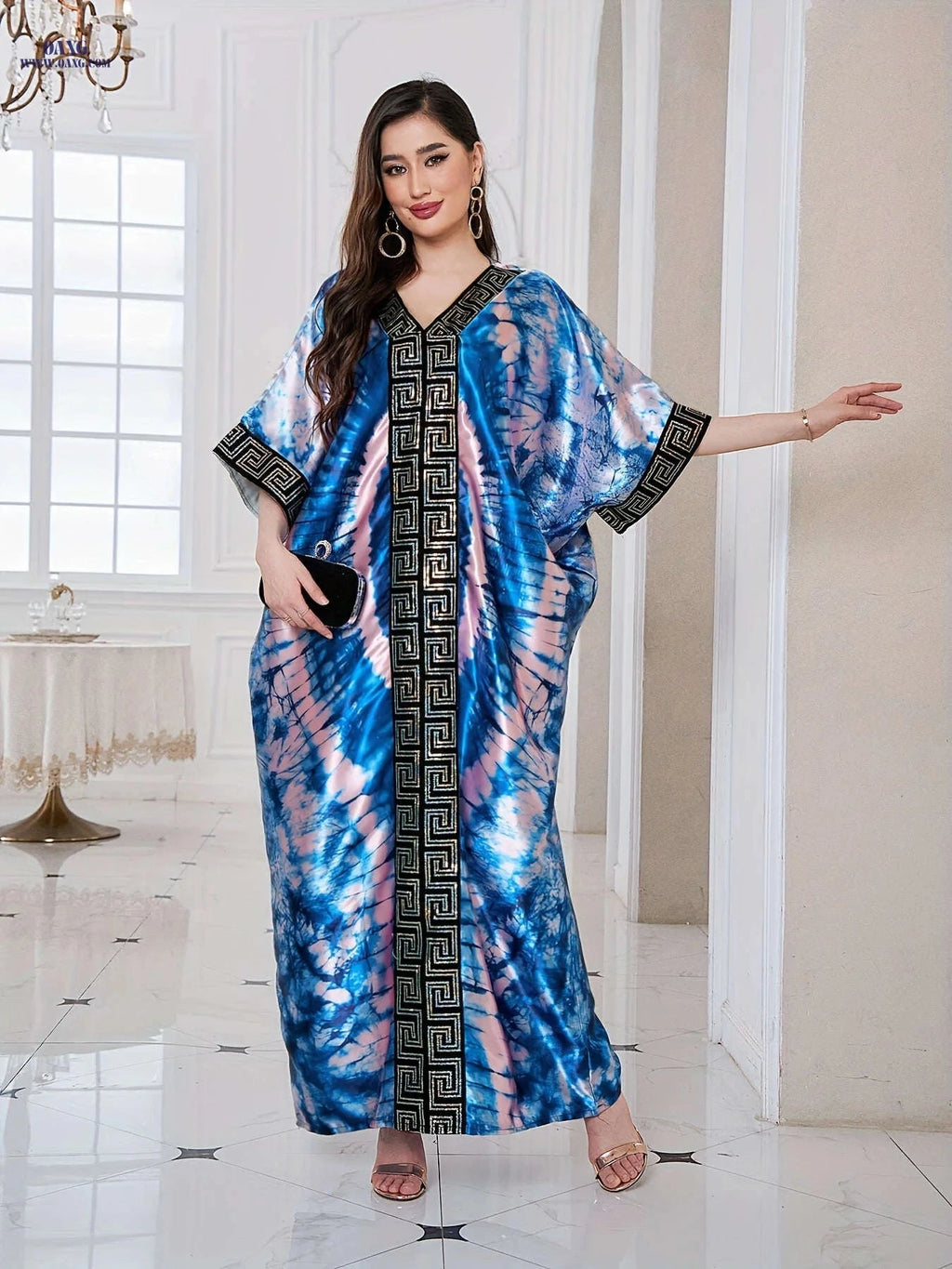 Middle Eastern Sequin Print Kaftan Robe with Batwing Sleeves   OAXG 