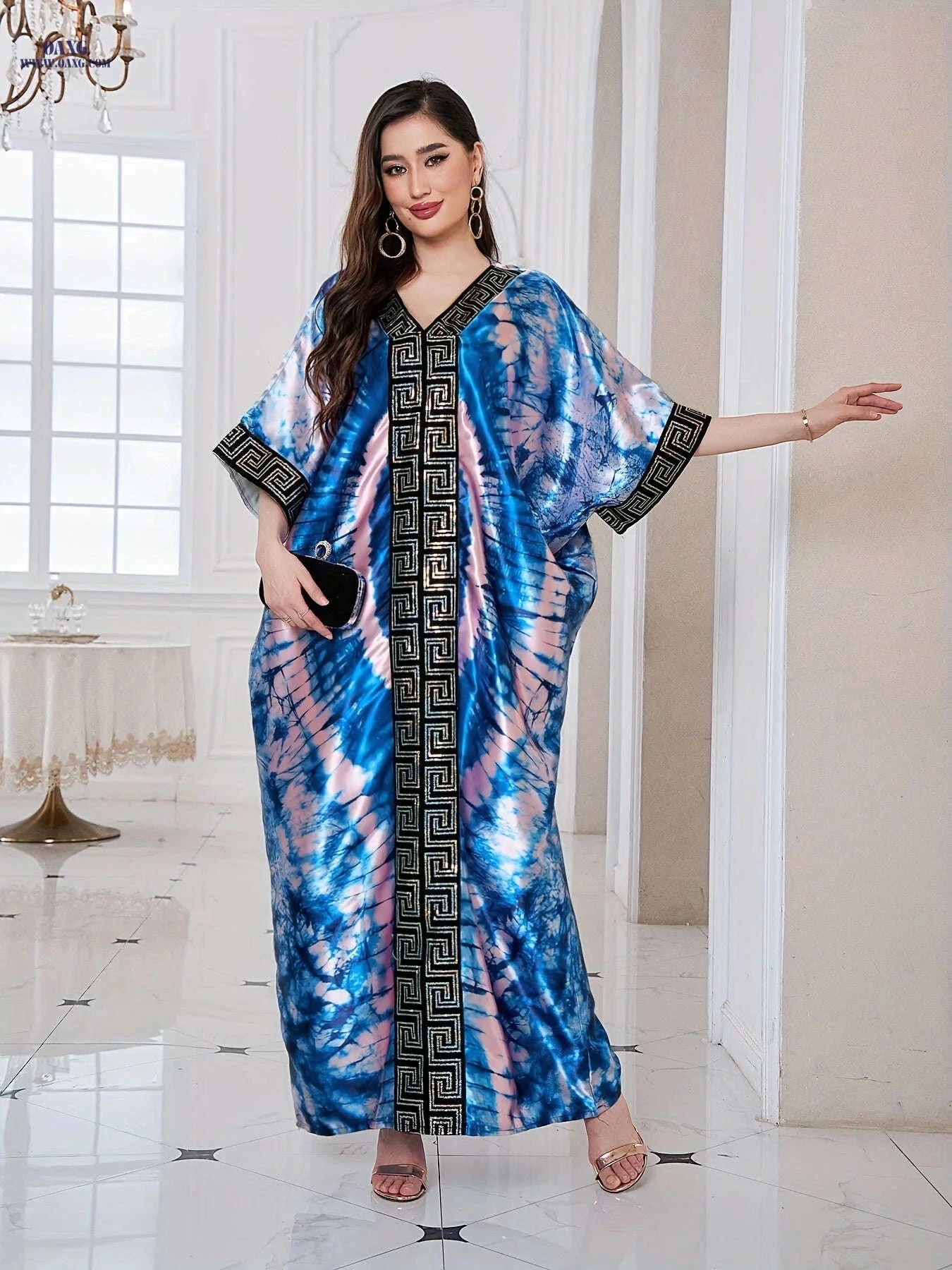 Middle Eastern Sequin Print Kaftan Robe with Batwing Sleeves   OAXG 