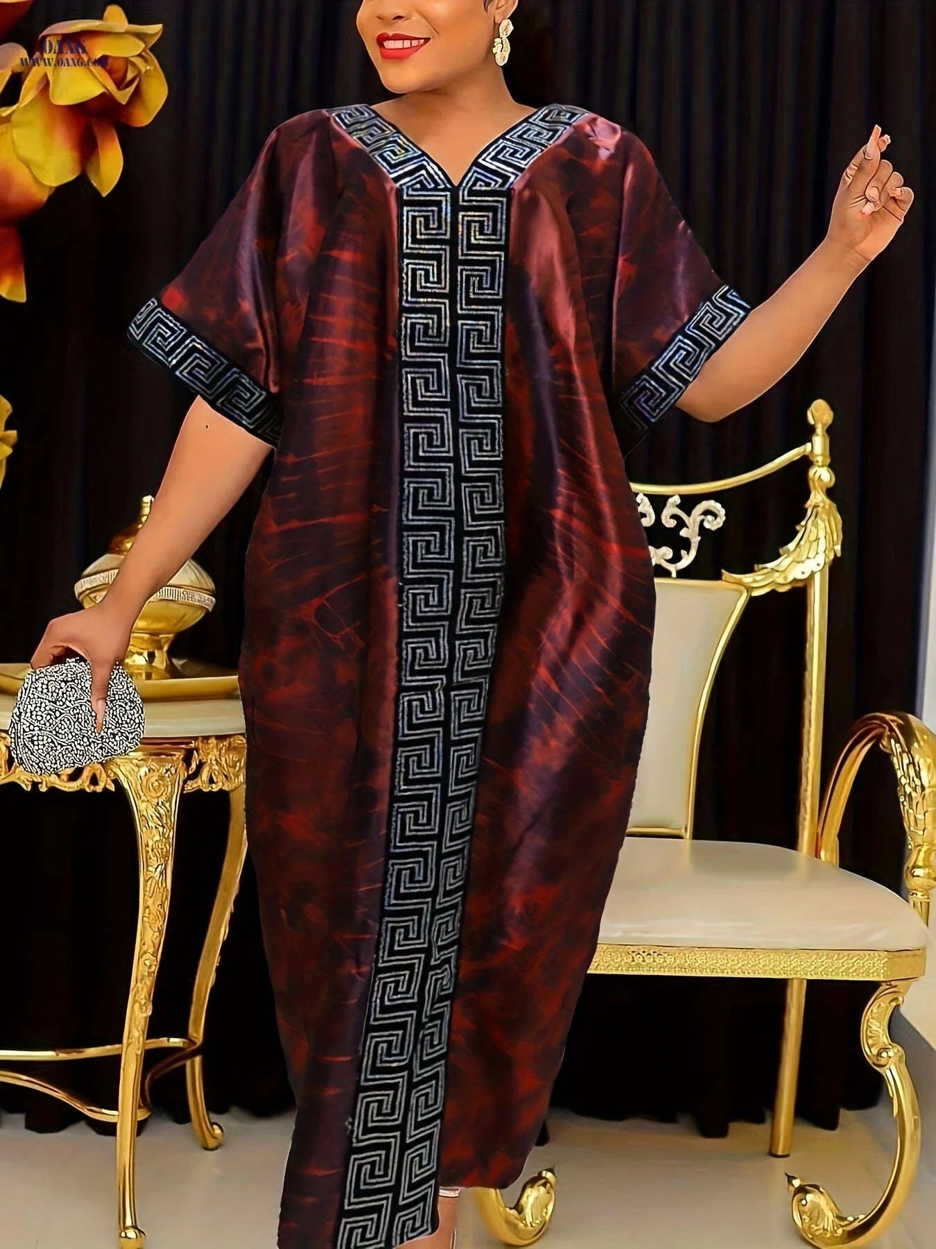 Middle Eastern Sequin Print Kaftan Robe with Batwing Sleeves   OAXG 