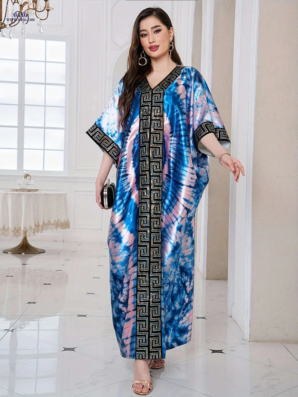 Middle Eastern Sequin Print Kaftan Robe with Batwing Sleeves   OAXG Green / One-size