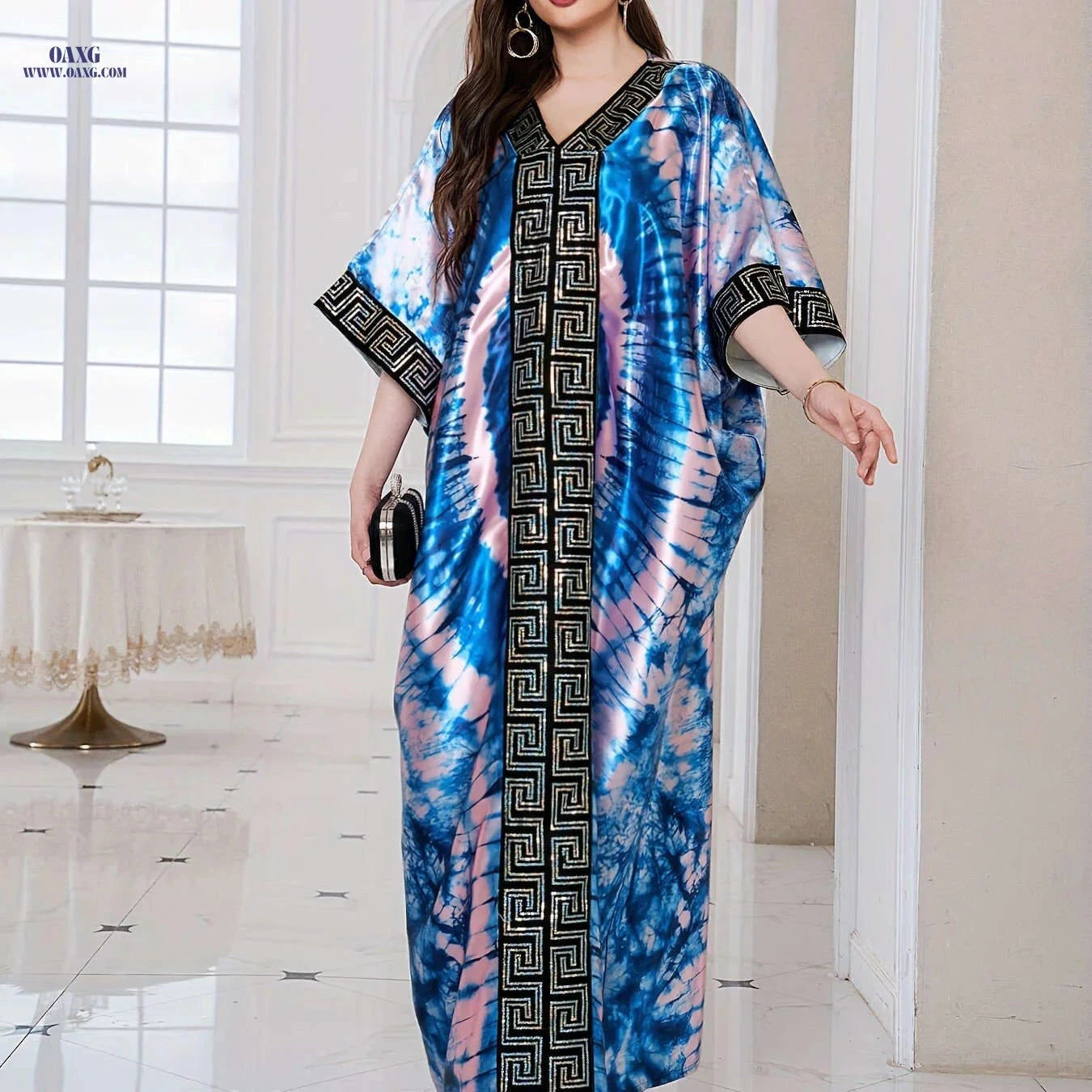 Middle Eastern Sequin Print Kaftan Robe with Batwing Sleeves   OAXG Green / One-size