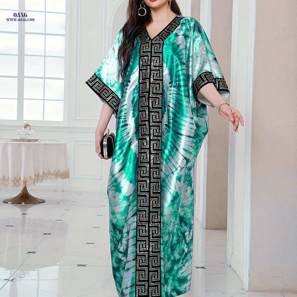 Middle Eastern Sequin Print Kaftan Robe with Batwing Sleeves   OAXG Green / One-size