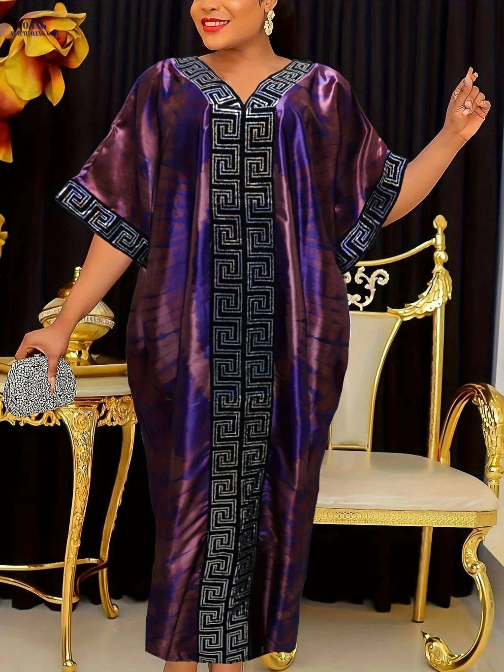 Middle Eastern Sequin Print Kaftan Robe with Batwing Sleeves   OAXG 