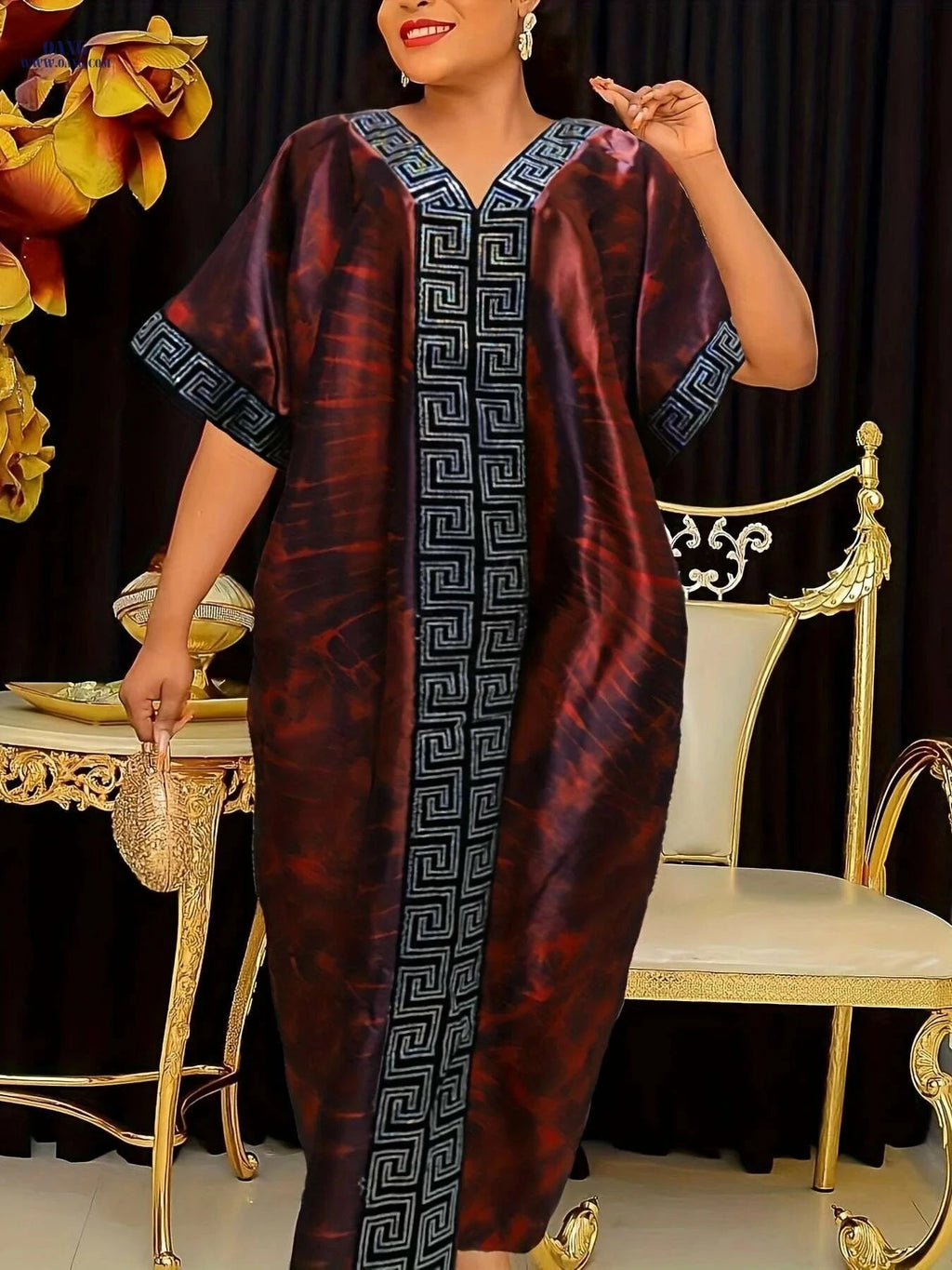 Middle Eastern Sequin Print Robe with Headscarf - Adjustable Waist Kaftan   OAXG 