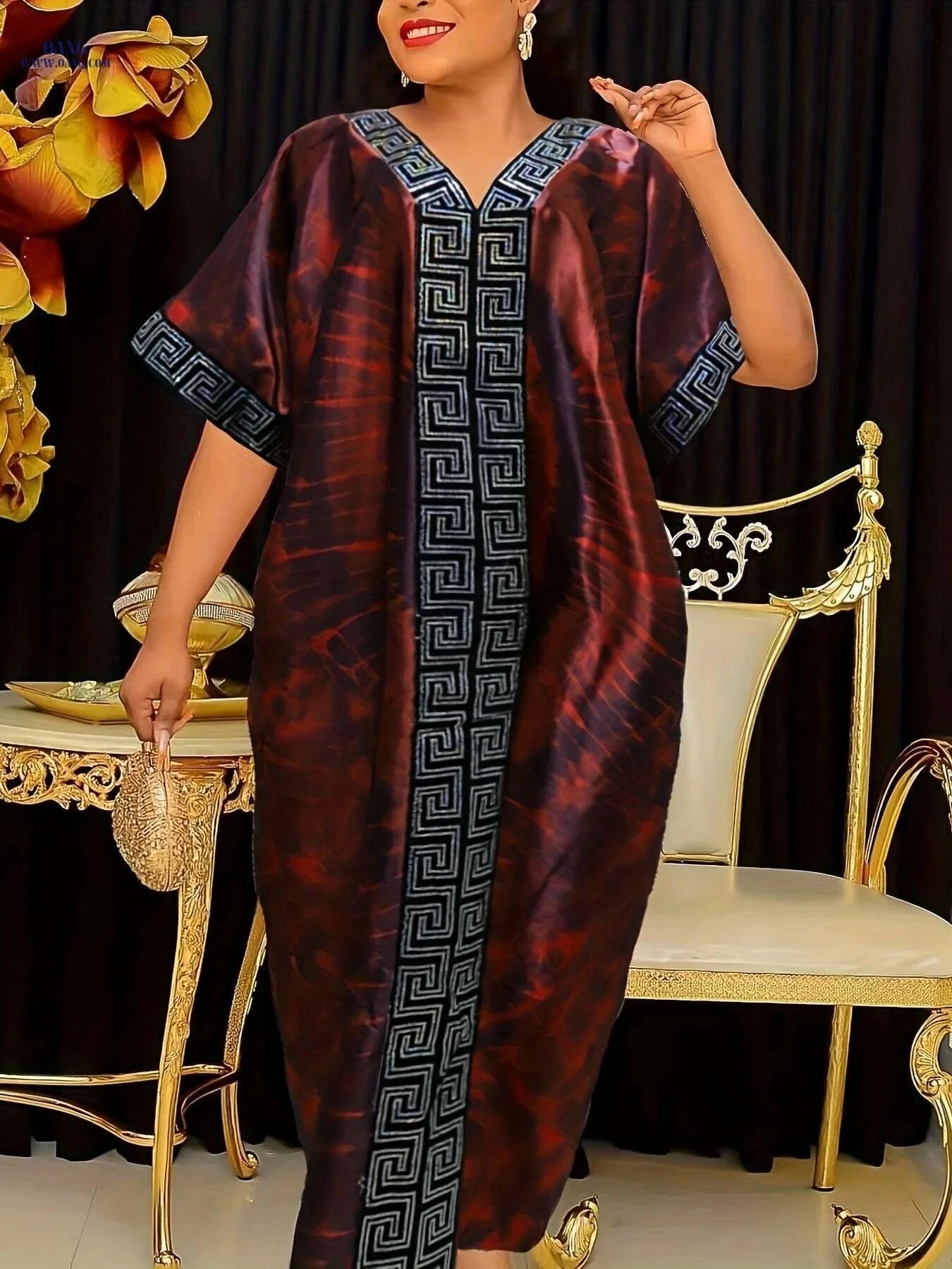 Middle Eastern Sequin Print Robe with Headscarf - Adjustable Waist Kaftan   OAXG 