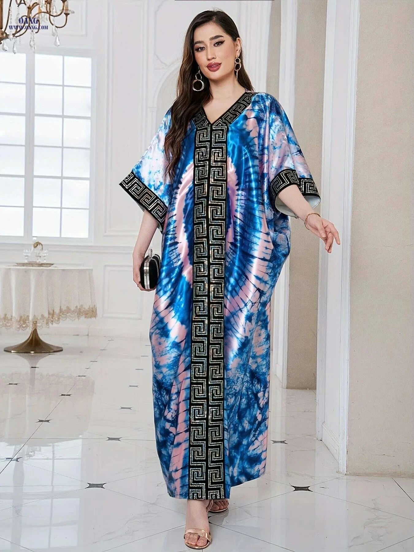 Middle Eastern Sequin Print Robe with Headscarf - Adjustable Waist Kaftan   OAXG 