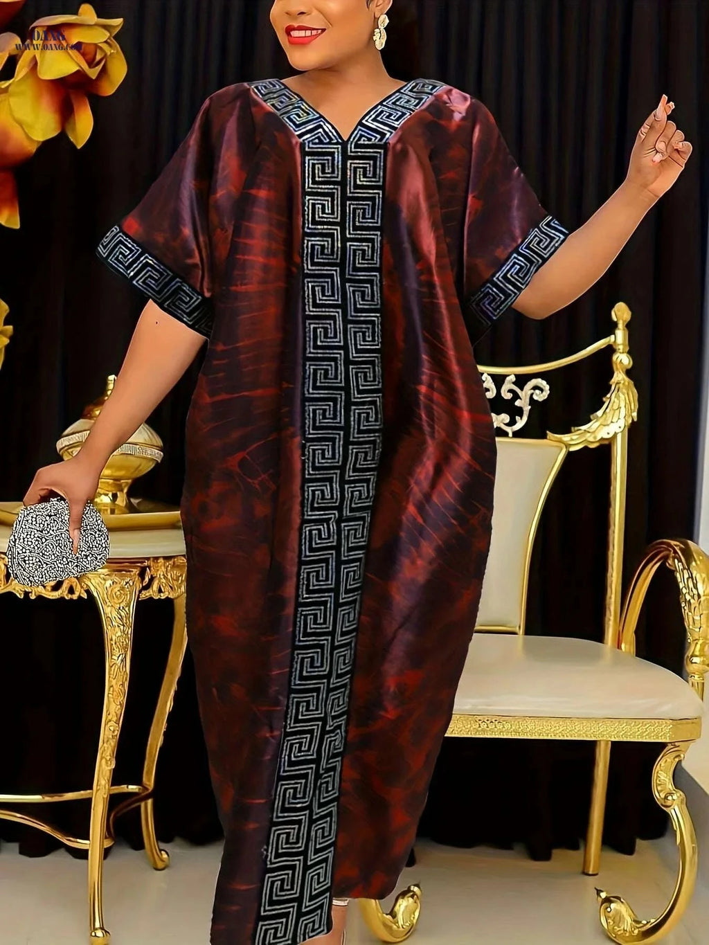 Middle Eastern Sequin Print Robe with Headscarf - Adjustable Waist Kaftan   OAXG Blue / One-size